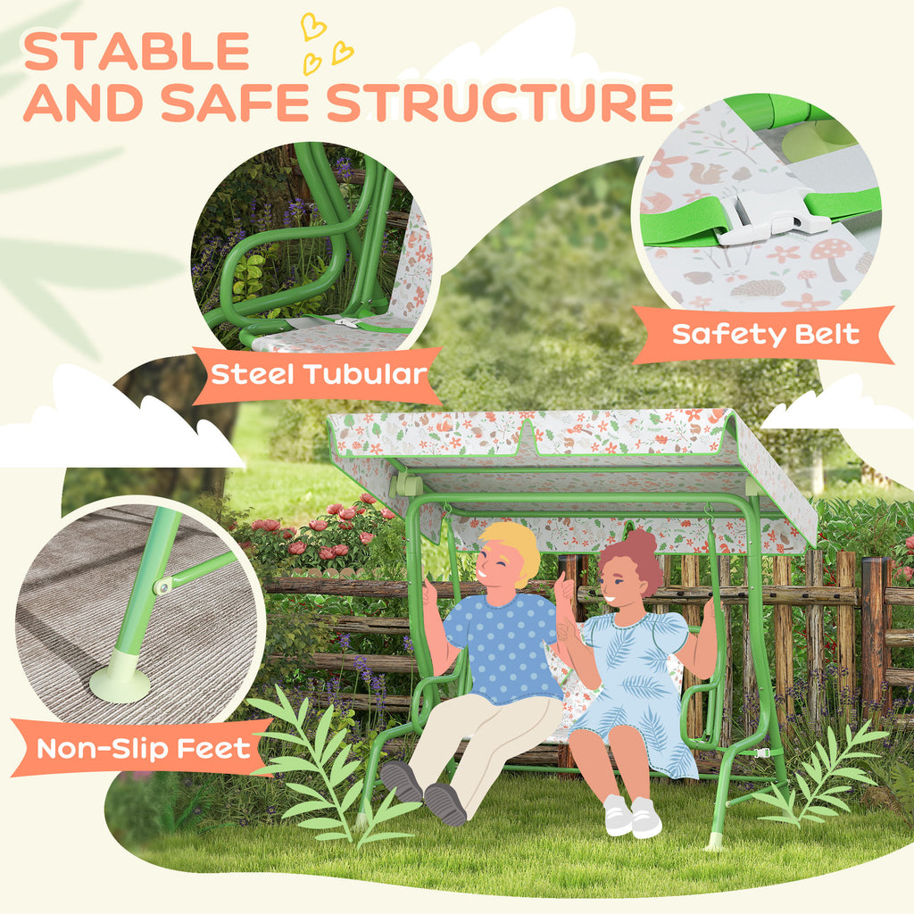 Kids Patio Swing Chair with Adjustable Canopy, Safety Belt for Patio, Garden, Poolside, Balcony, Green