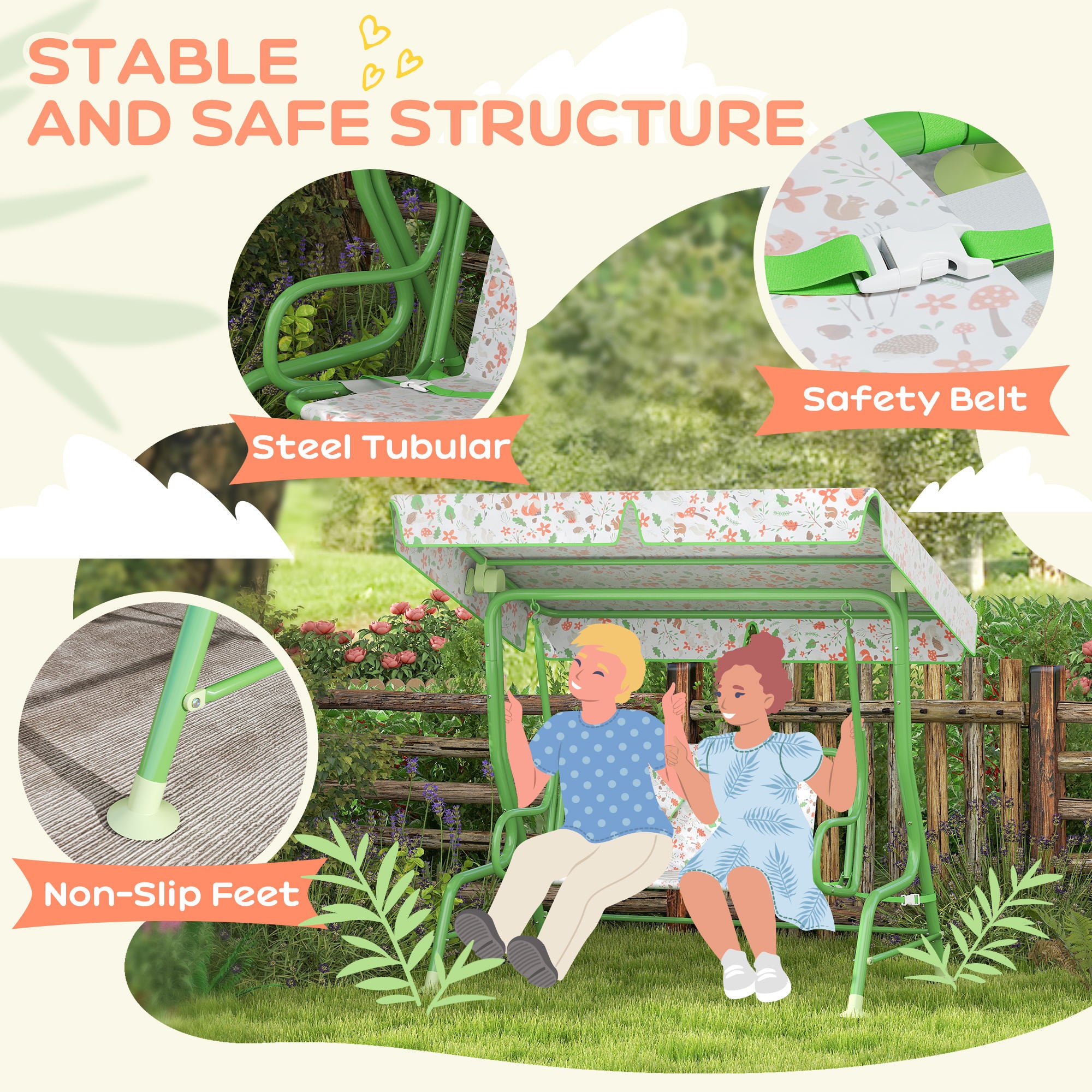 Kids Patio Swing Chair with Adjustable Canopy, Safety Belt for Patio, Garden, Poolside, Balcony, Green