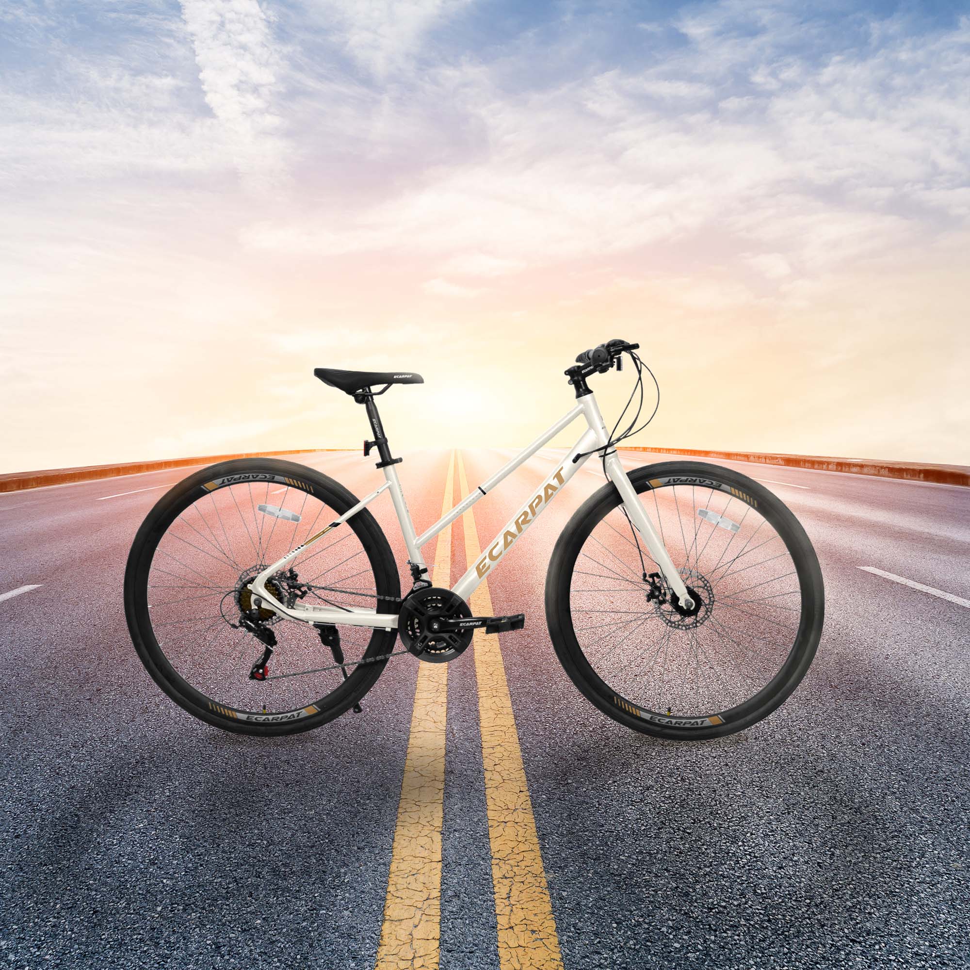 21-Speed 700C Road Hybrid Bike with Dual-Disc Brakes for Adults, 85% Pre-Assembled, 68" L x 27.5" W x 37.5" H, Cream