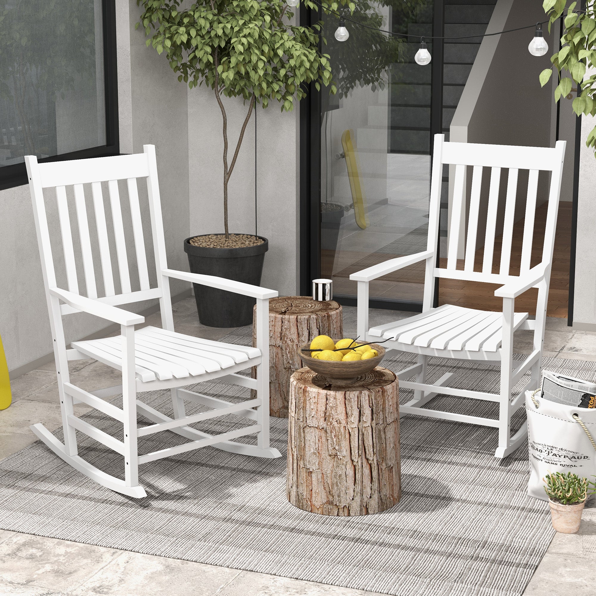 Wooden Rocking Chair Set, Curved Armrests, High Back, Slatted Seat Outdoor Rocker Set, White