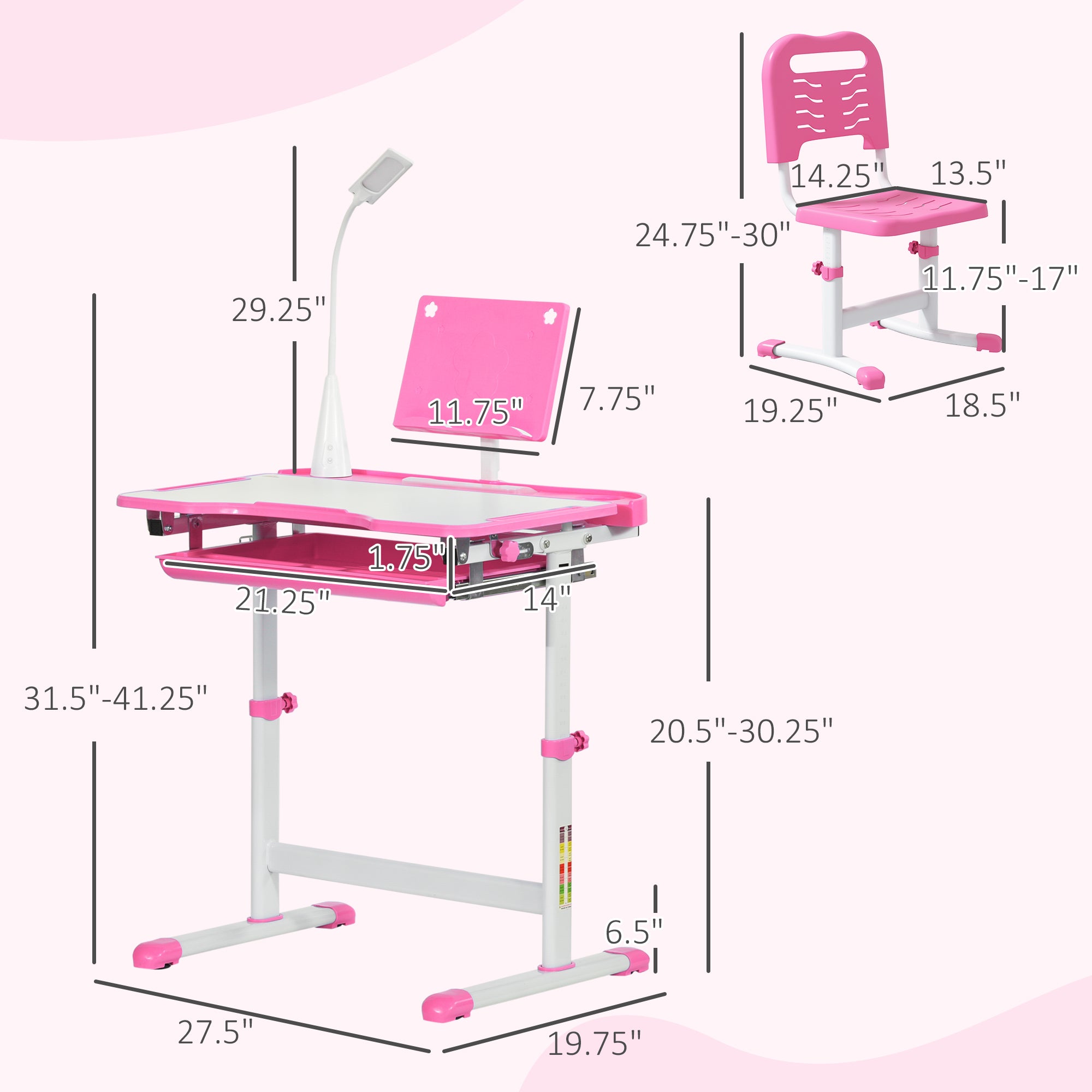 Kids Desk and Chair Set with USB Light, Storage Drawer, Pink