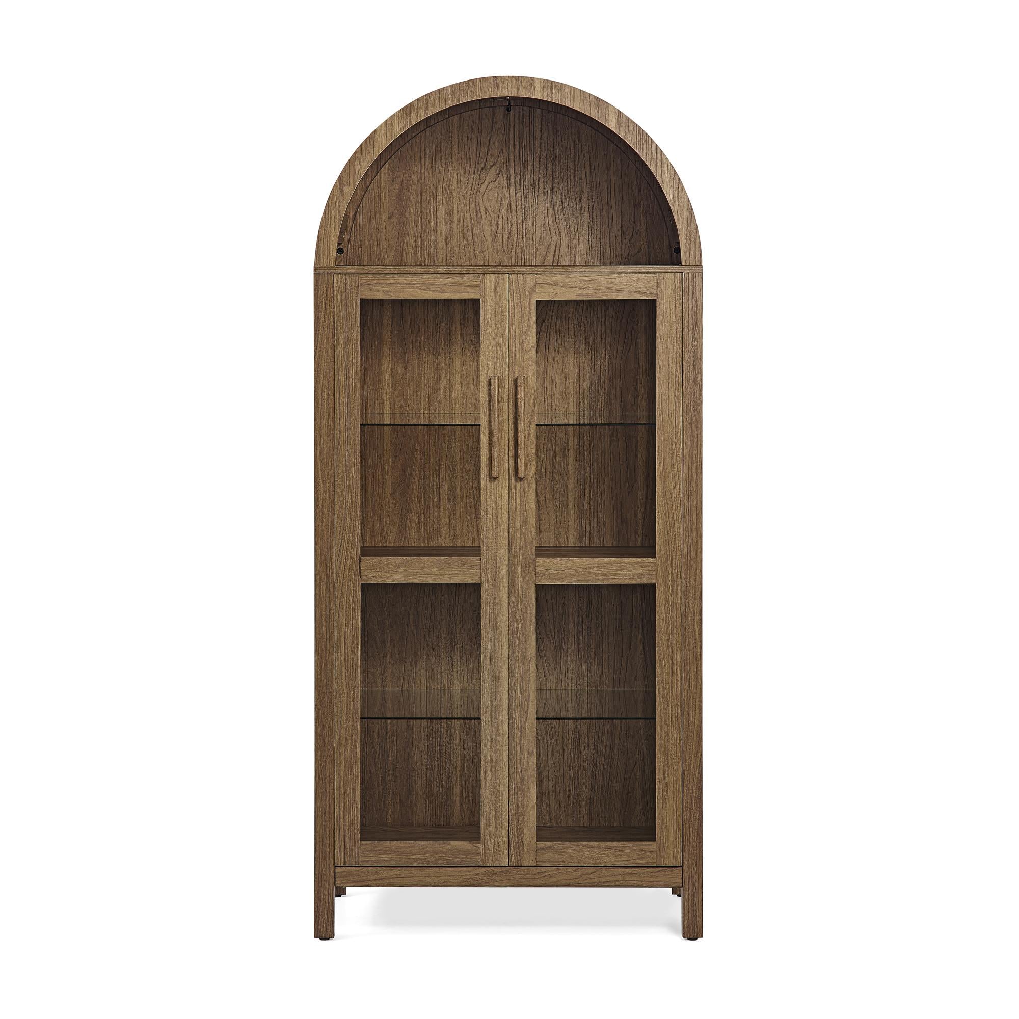 Arched Top Storage Cabinet with LED Light Strip, Adjustable Glass Shelves, Modern Bookcase for Living Room, 30" L x 15.5" W x 67" H, Brown