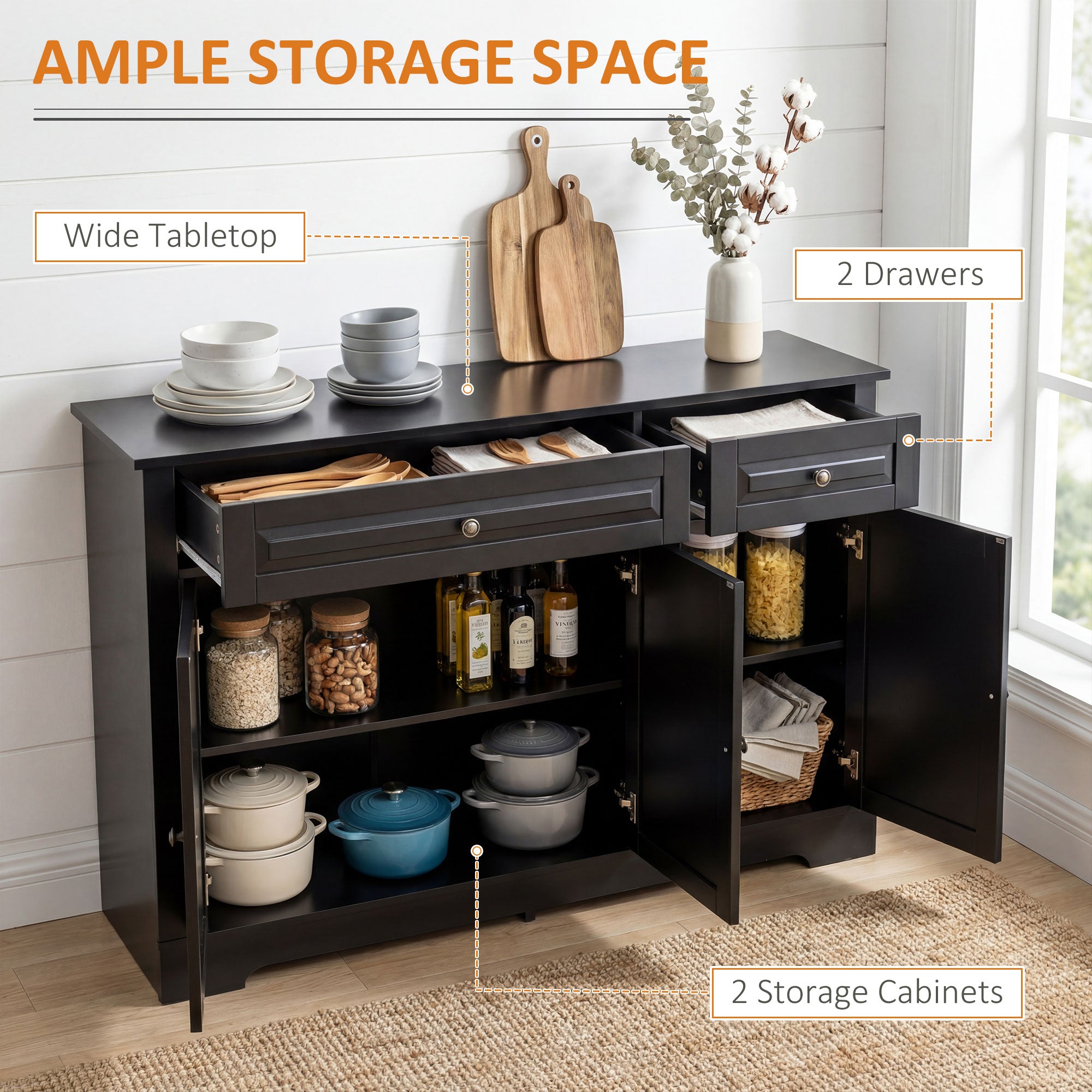 Sideboard Buffet Cabinet, Modern Accent Cabinet with 2 Drawers and Adjustable Shelves, Entryway Cabinet, Black