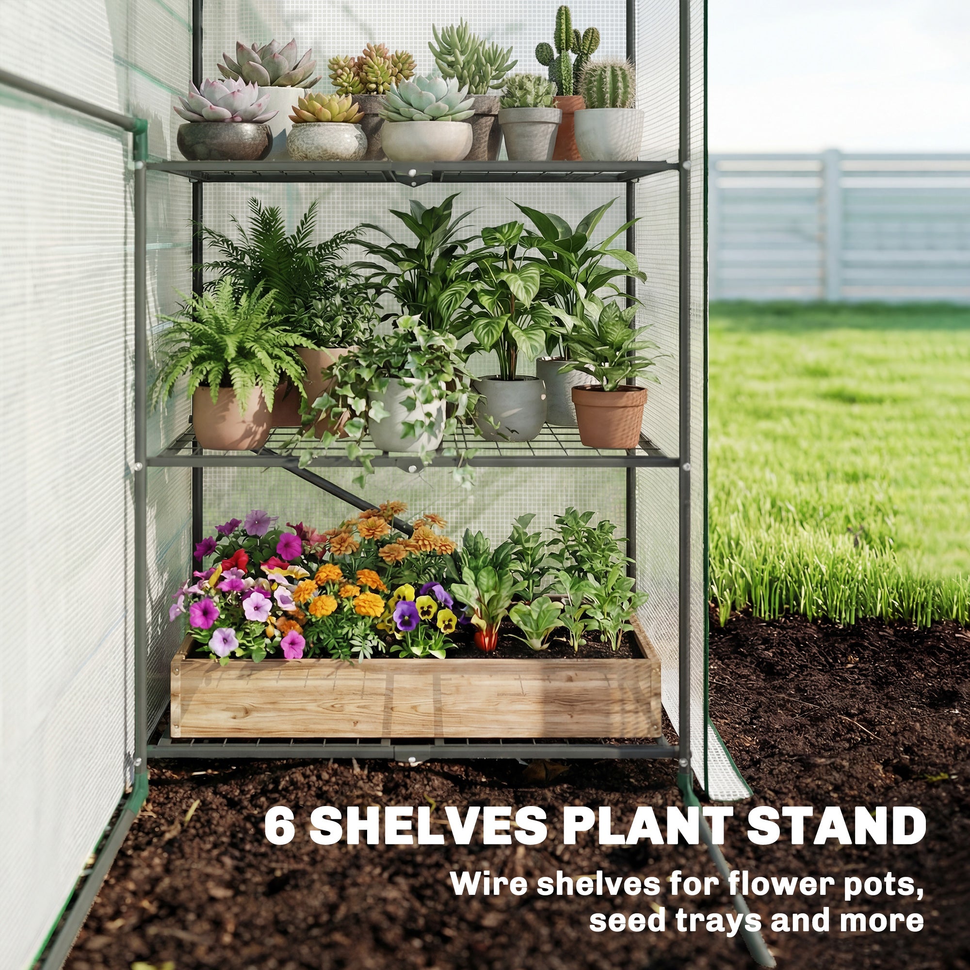 Greenhouse for Outdoors, Portable Greenhouse with 6 Shelves, UV-Resistant PE Cover, Roll-Up Door, White