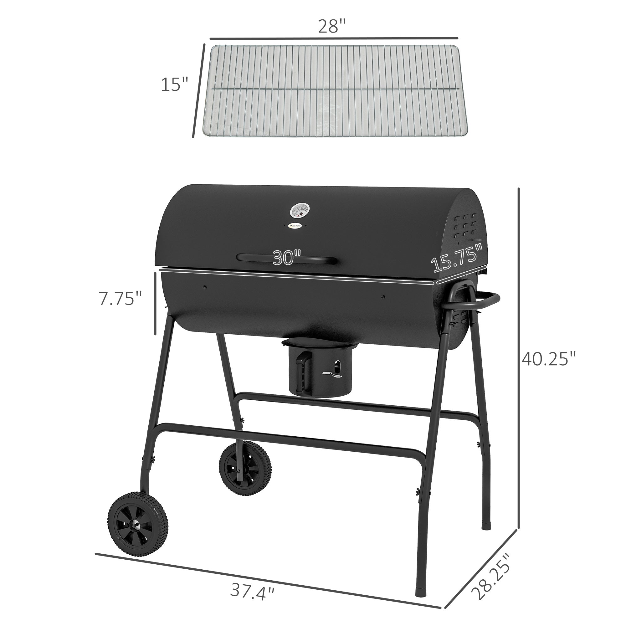 Barrel Charcoal BBQ Grill, Barbecue with 420 sq.in. Cooking Area, Wheels, Ash Catcher, Black
