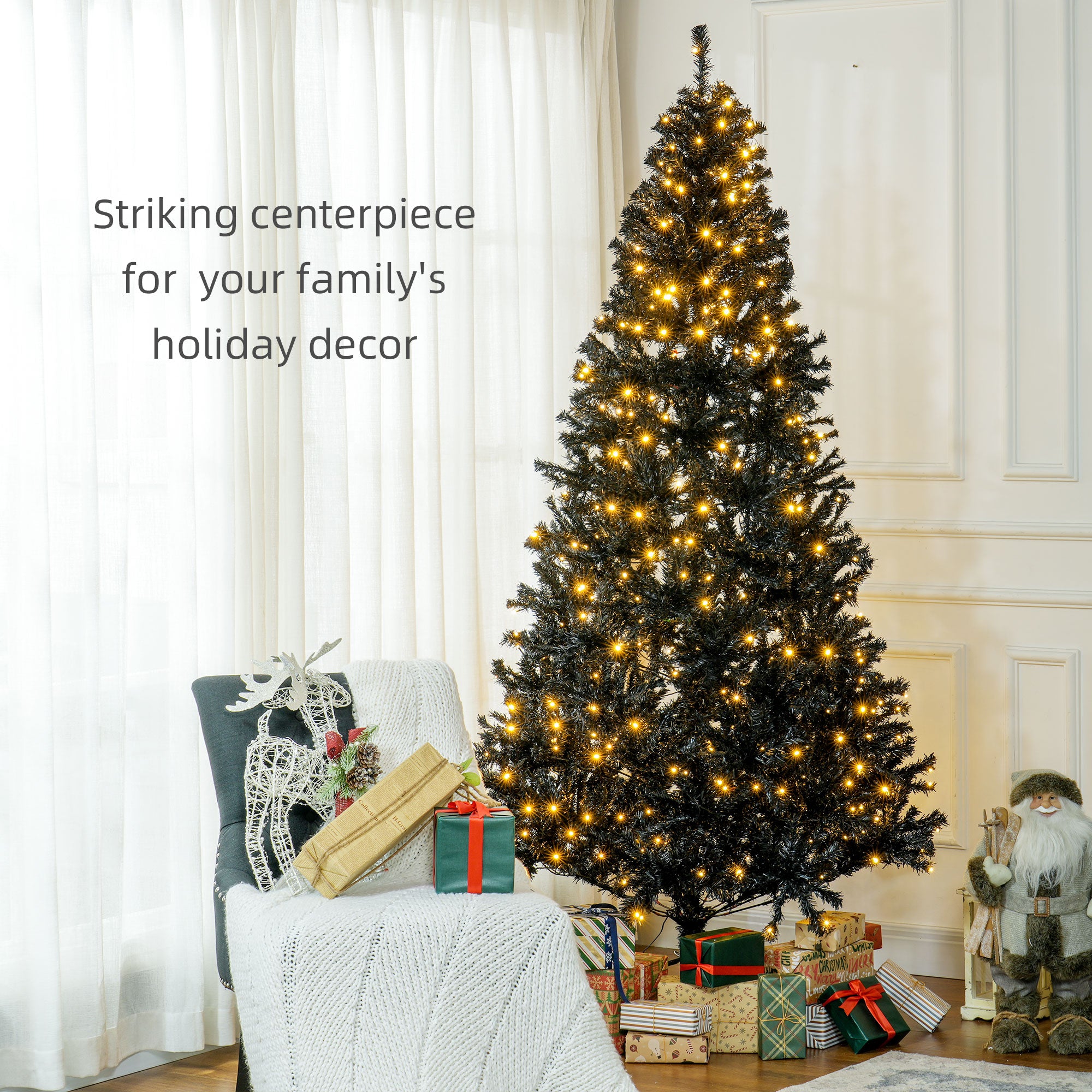 7.5 FT Tall PreLit Artificial Christmas Tree with Realistic Branches, 500 Warm White LED Lights and 1346 Tips, Black