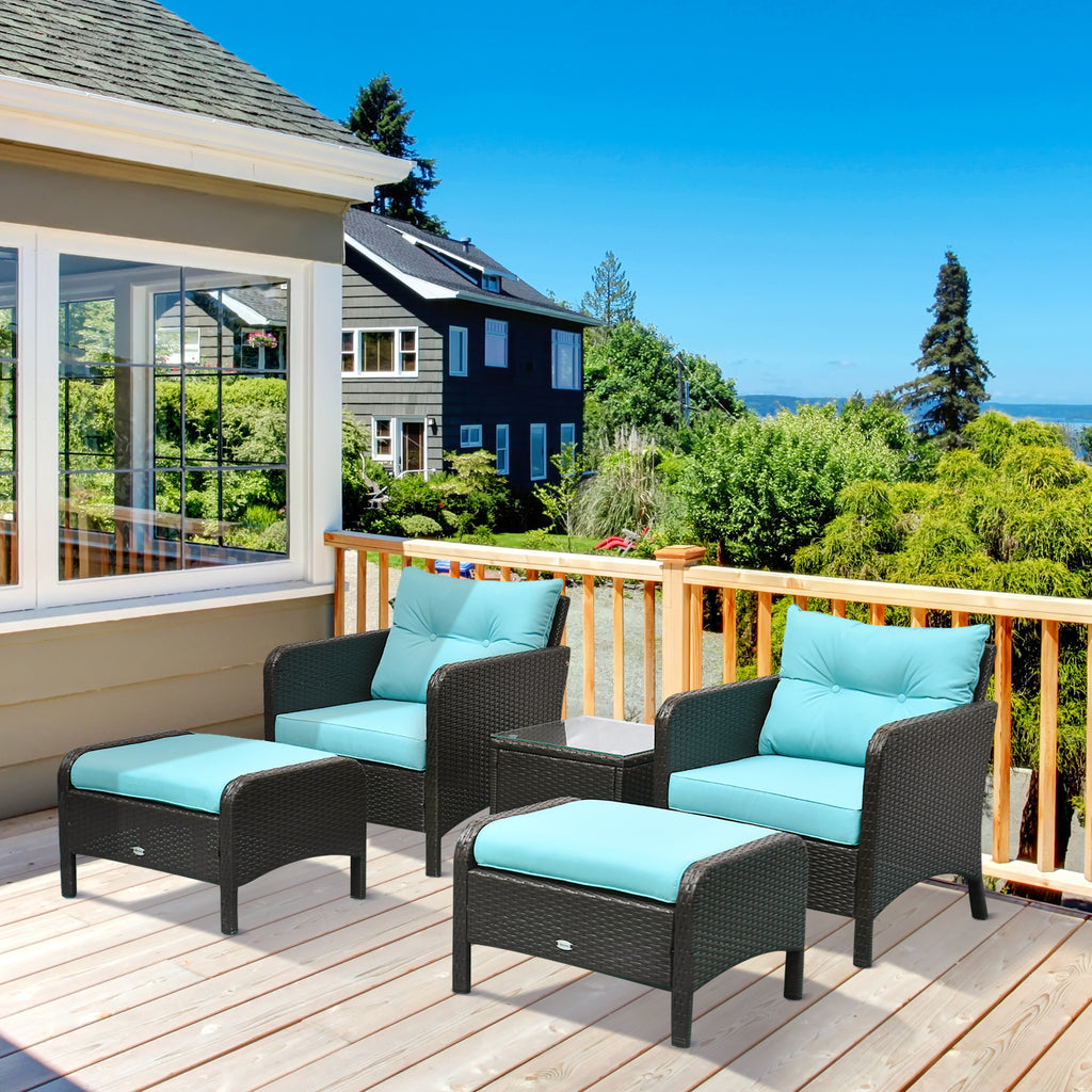 5 Pieces Rattan Wicker Lounge Chair Outdoor Patio Conversation Set with 2 Cushioned Chairs, 2 Ottomans and Tempered Glass Top Coffee Table, Brown/Blue