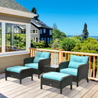 5 Pieces Rattan Wicker Lounge Chair Outdoor Patio Conversation Set with 2 Cushioned Chairs, 2 Ottomans and Tempered Glass Top Coffee Table, Brown/Blue