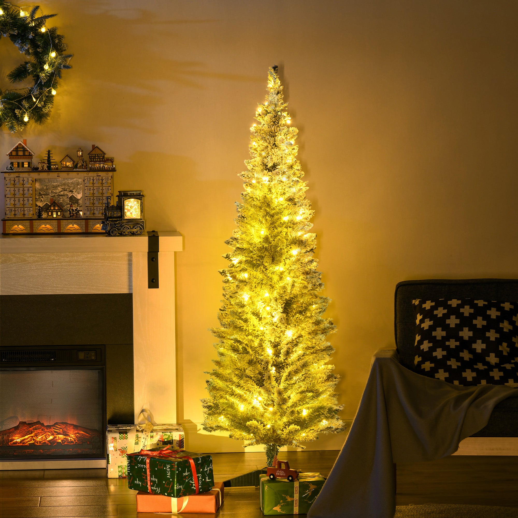 5ft Pencil Christmas Tree, Slim Artificial Christmas Tree with Realistic Branches and Warm White LED Lights, Green