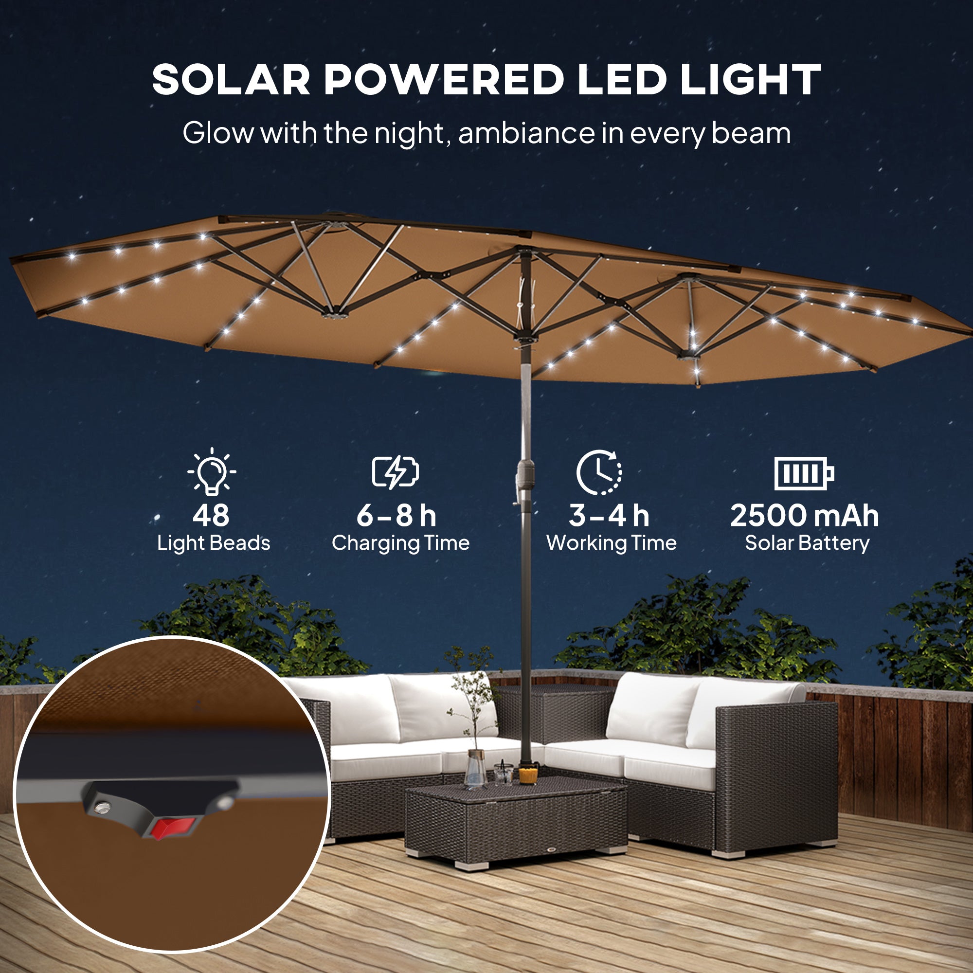 Garden Parasol, Double-Sided Sun Umbrella with LED Solar Lights, Patio Parasol for Outdoor, Coffee