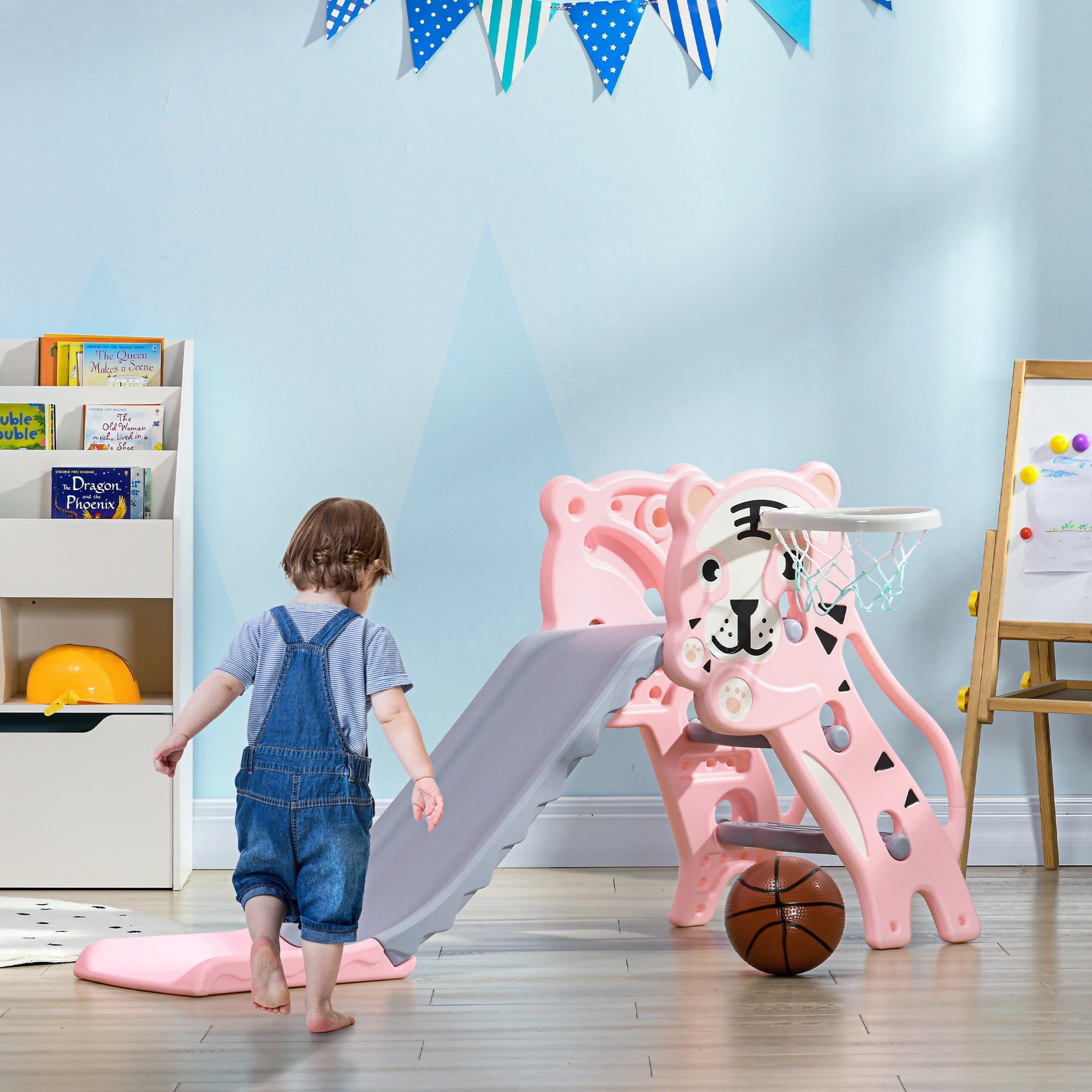 Slide for Kids with Basketball Hoop for Indoor Use, Easy Set Up Baby Slide for Kids 18-36 Months, Pink