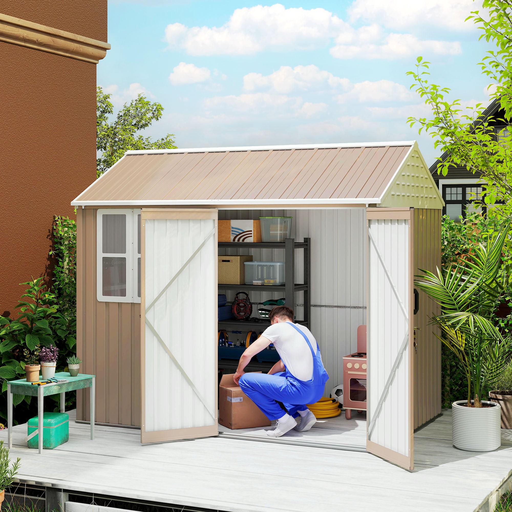 8' x 6' Metal Garden Storage Shed, Extra Large Outdoor Tool Storage House w/ Doors, Window and Air Vents, Brown