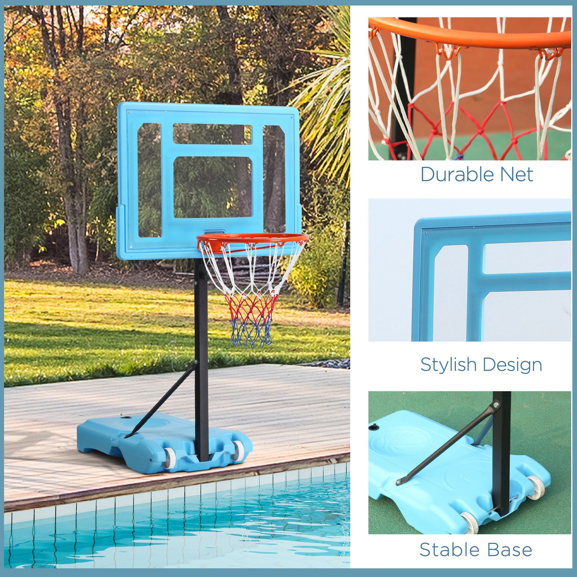 Poolside Basketball Hoop Stand, 36.5"-48.5" Height Adjustable Portable Hoop System w/ Clear Backboard & Fillable Base for Whole Family, Blue, Black, Red