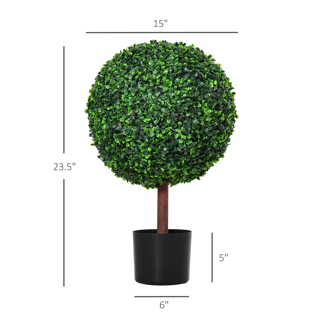 23.5" Artificial Boxwood Topiary Ball Tree, Fake Decorative Plant, Nursery Pot Included for Home, Balcony, Backyard and Garden, Set of 2, Green