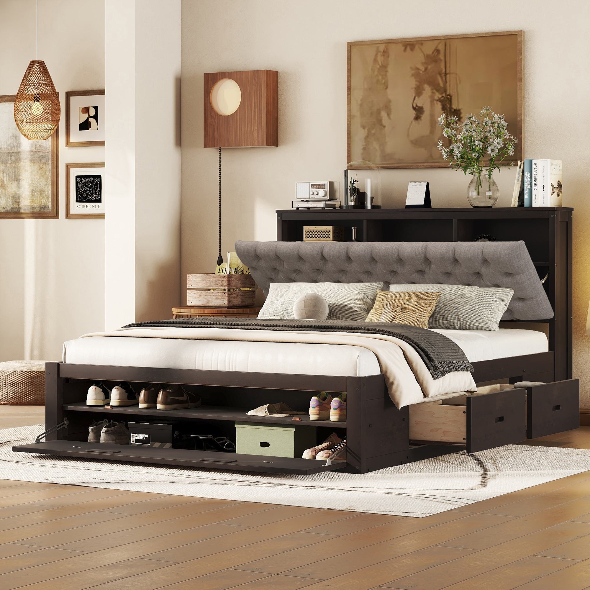 Wood Queen Size Platform Bed with Storage Headboard, Shoe Rack, and 4 Drawers, 90.5" L x 63" W x 43" H, Espresso