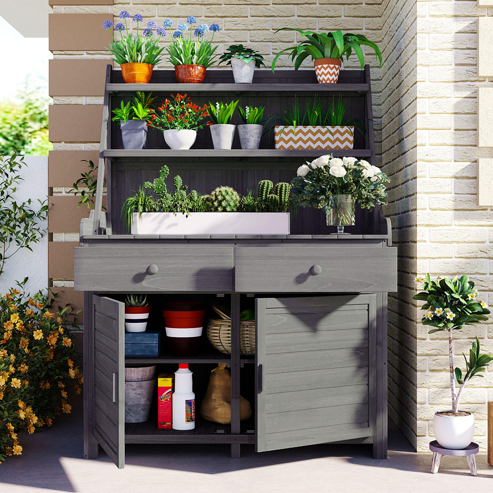 Fir Wood Potting Bench with Drawer & Cabinet for Garden, Outdoor Garden Workstation with Three-Tier Shelf, 47'' L x 23'' W x 65'' H, Gray