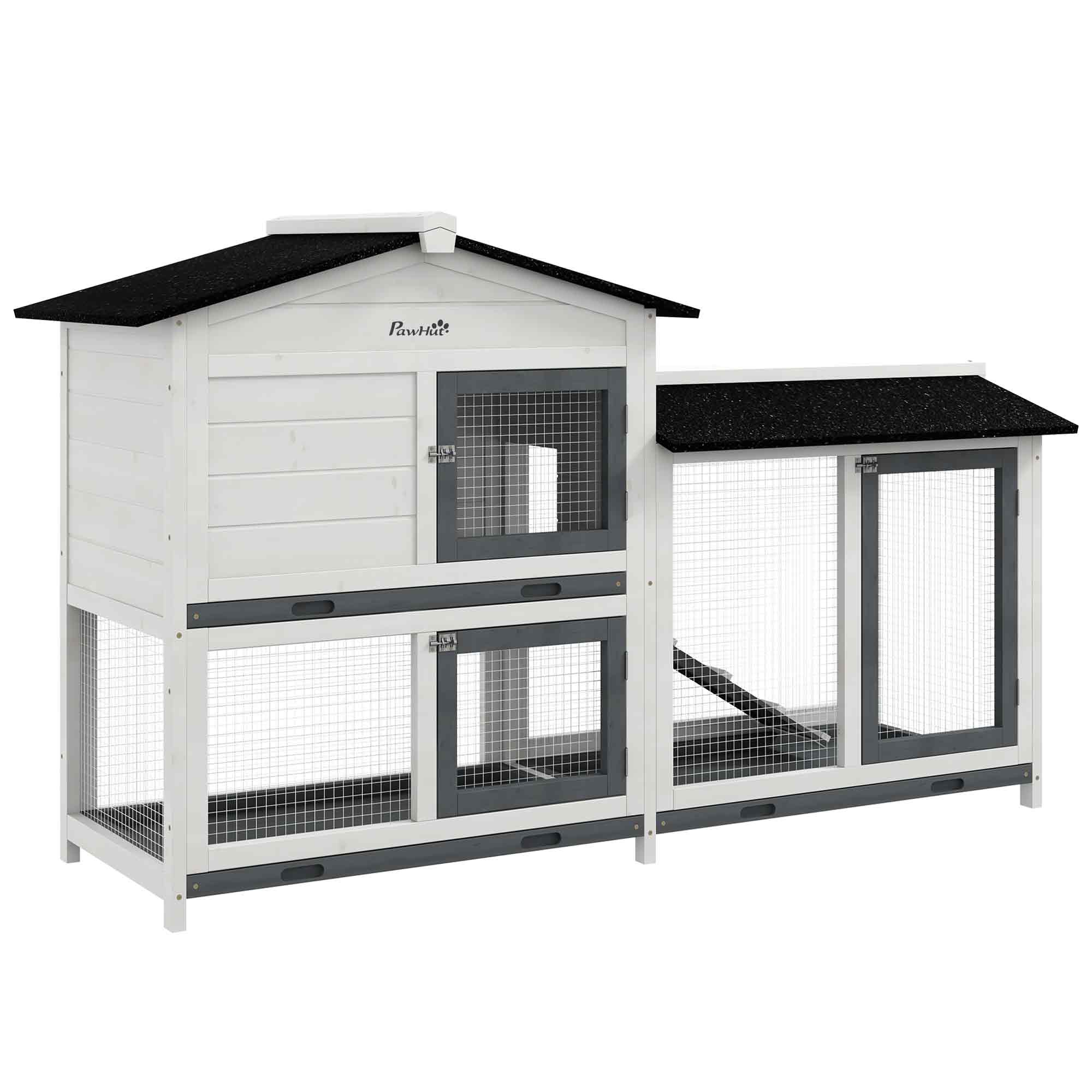 62" Rabbit Hutch, Wooden Bunny Hutch, Guinea Pig Cage, Small Animal Enclosure with Run Area, Removable Tray, Asphalt Roof, Lockable Doors and Ramp, for Rabbits, Chickens, Ducks, White