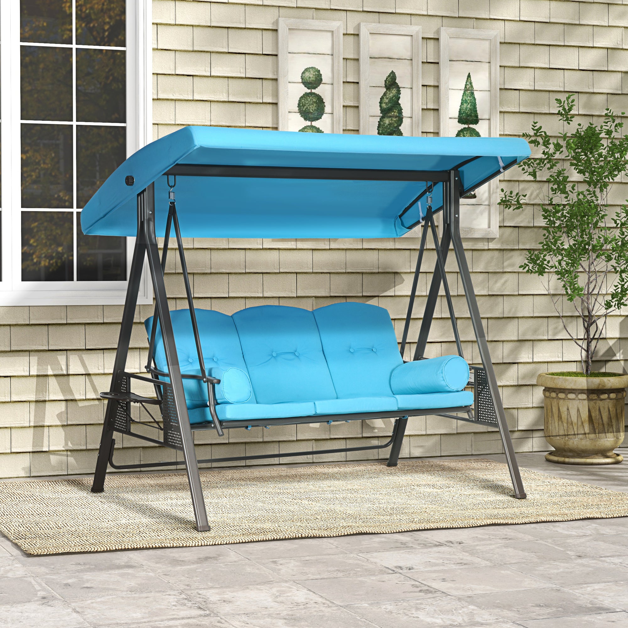 3-Seat Outdoor Porch Swing Chair with Adjustable Canopy, Cushion and Pillows for Garden, Poolside, Blue