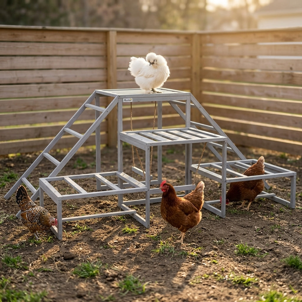 Chicken Roost Toys for Chickens Hens, Coop Accessories with Wood Stand, Ladder Platforms, for 10-15 Chickens