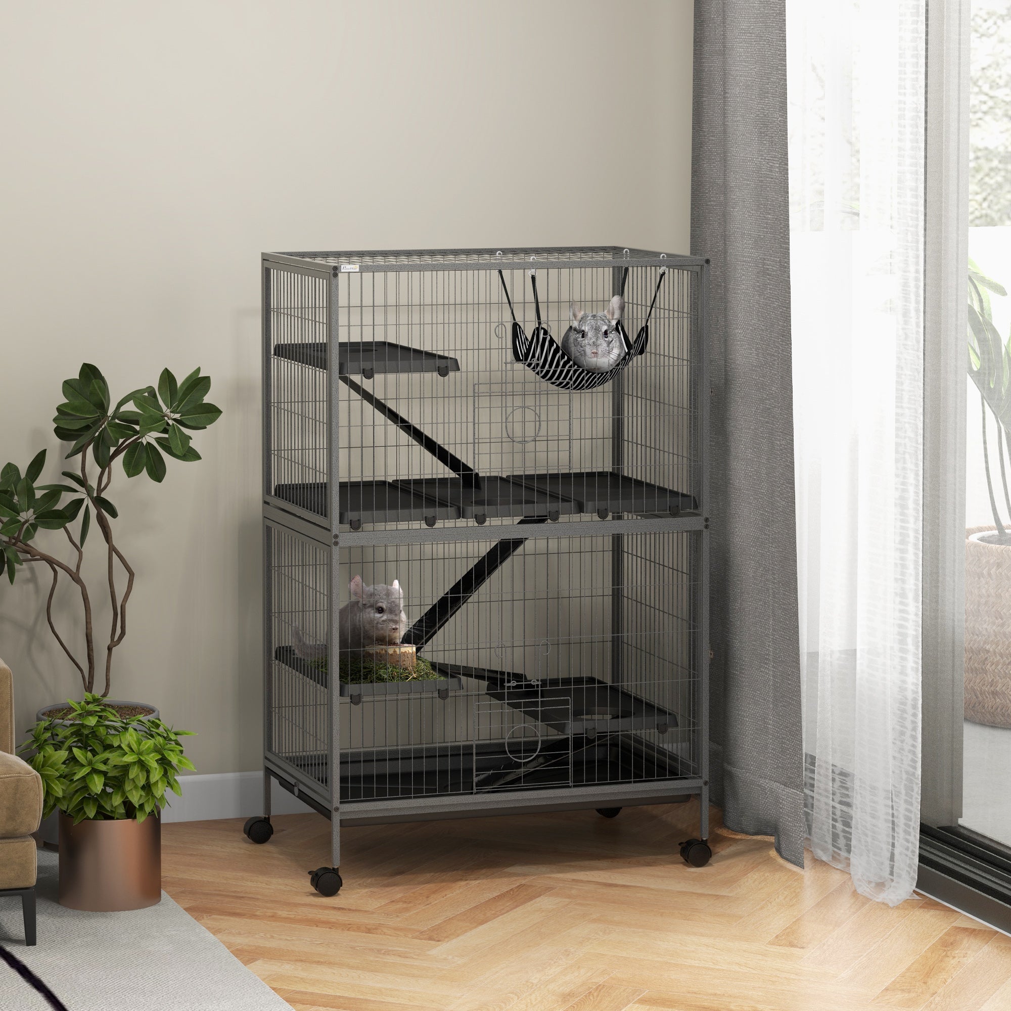 50" H Rolling Small Animal Cage with Hammock, Ferret Cage, Chinchilla Cage, Pet Habitat with 4 Doors, Removable Tray