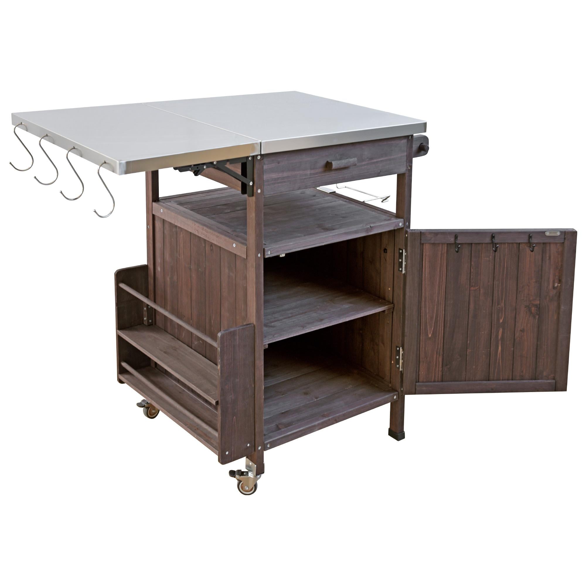 Outdoor Grill Cart with Stainless Steel Top, Storage Cabinet, Drop Leaf, Drawer, Towel Rack, Lockable Wheels, 40.5" L x 21" W x 36.3" H, Brown