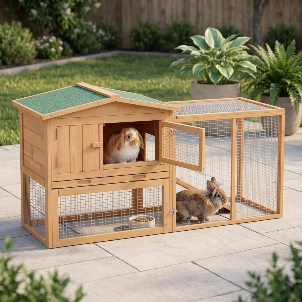 Rabbit Cage Outdoor, 62" Wooden Outdoor Rabbit Hutch, Small Animal Habitat with Detachable Run and Elevated Main House, Natural