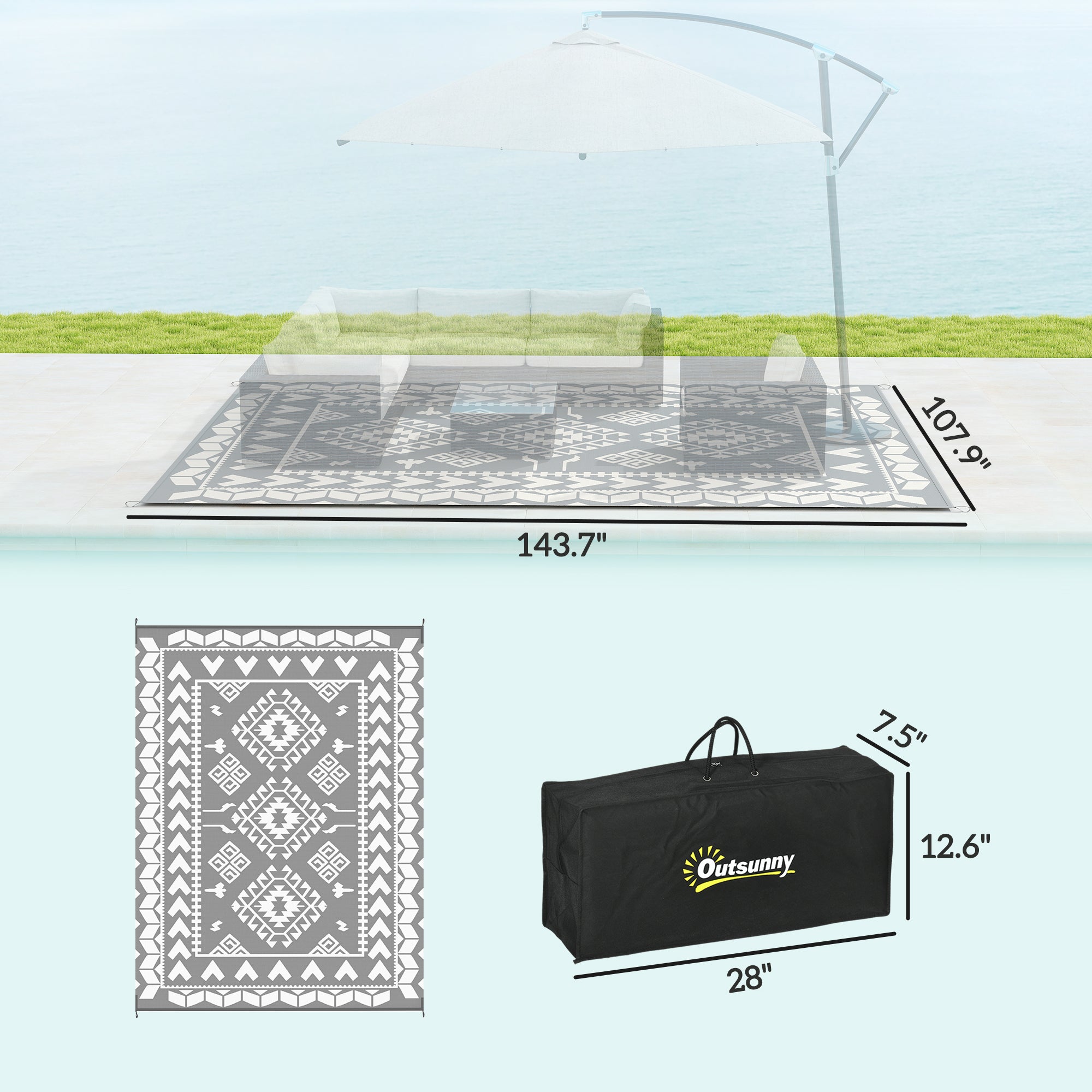 Reversible Outdoor Rug, Waterproof Plastic Straw with Carry Bag, 9' x 12', Gray & White Rhombus Patchwork