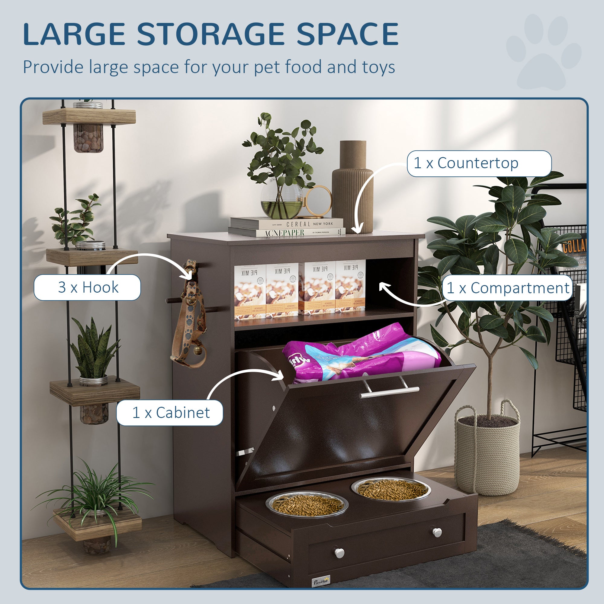 Pet Feeder Station Storage Cabinet, Dog Food Storage Container with Dog Raised Bowls, Watering Supplies, Gray