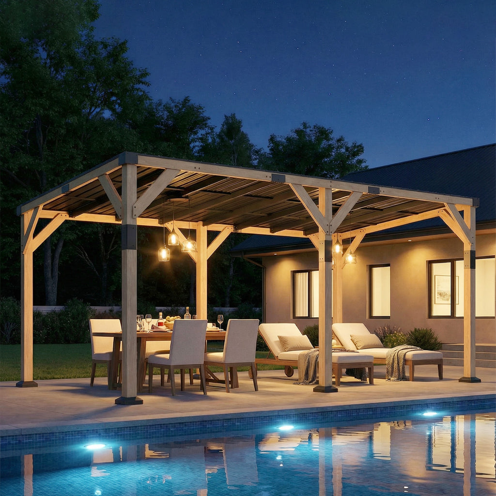10' x 20' Wooden Gazebo, Hardtop Lean-to Gazebo Pergola with Galvanized Steel Sloped Roof, Light Walnut
