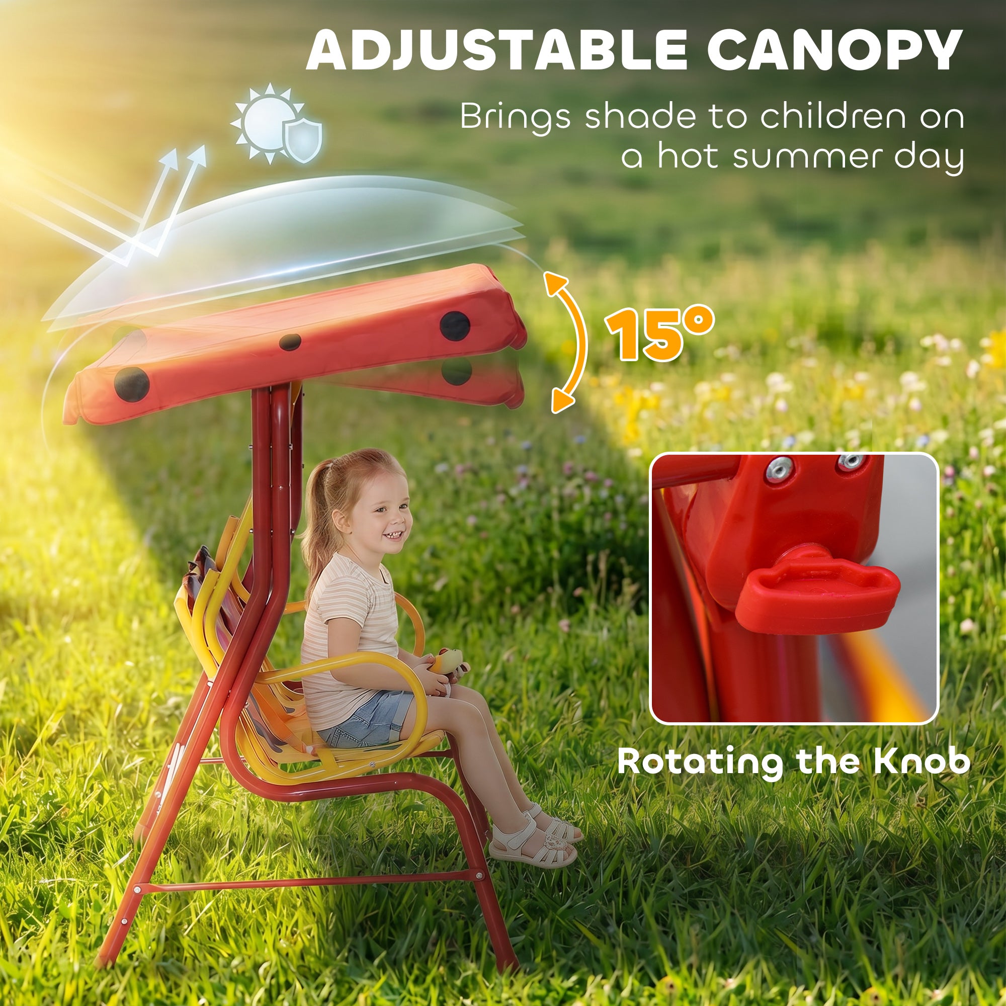 Kids Patio Swing, Adjustable Canopy Swing Glider, Kids Outdoor Swing Chair with 2 Seats, Seat-Belted Safety, Red