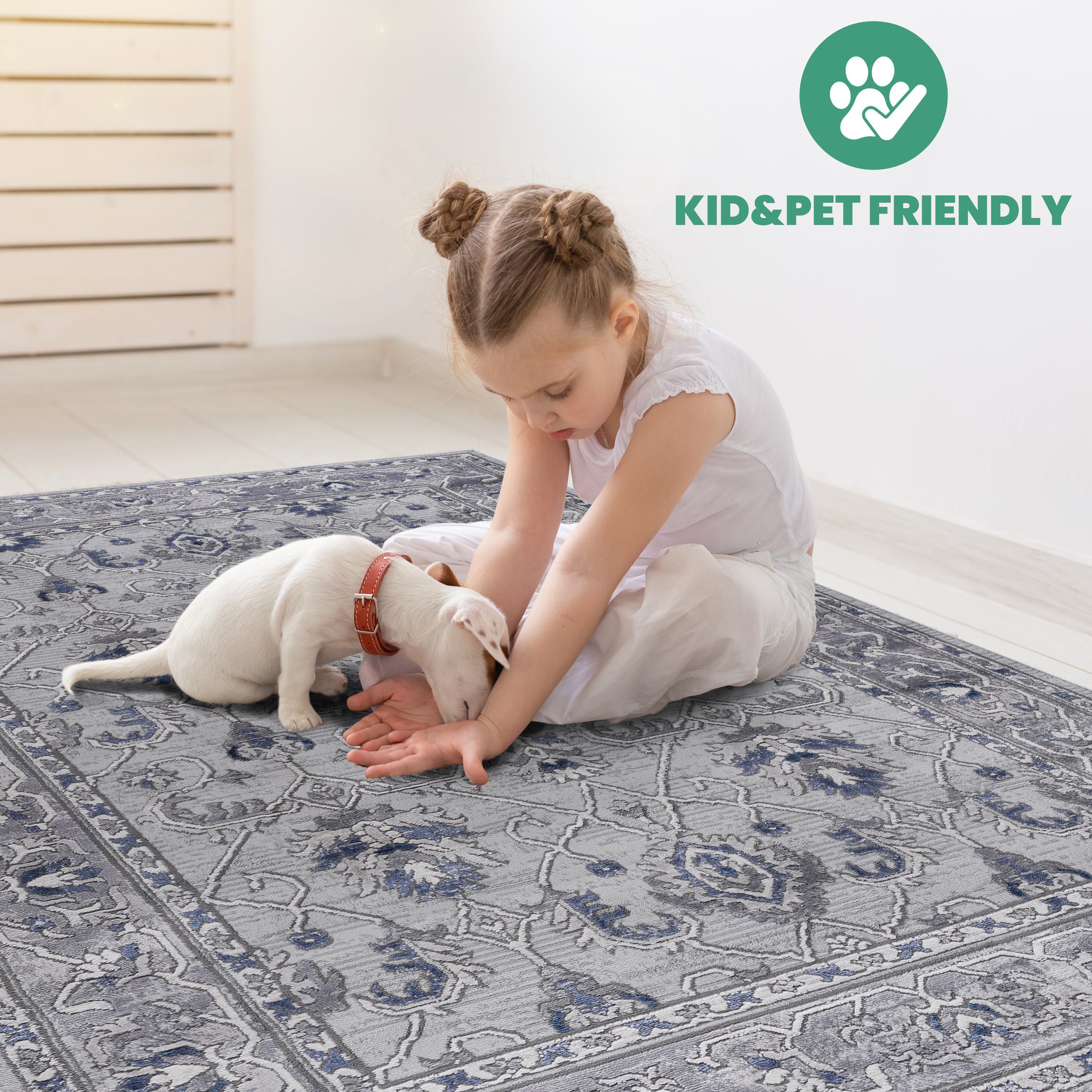Naar 2x8 Stain-Resistant Area Rug with Cotton Backing, Medium Pile Height, Kid and Pet-Friendly Carpet, 96" L x 26" W x 0.35" H, Gray+Blue