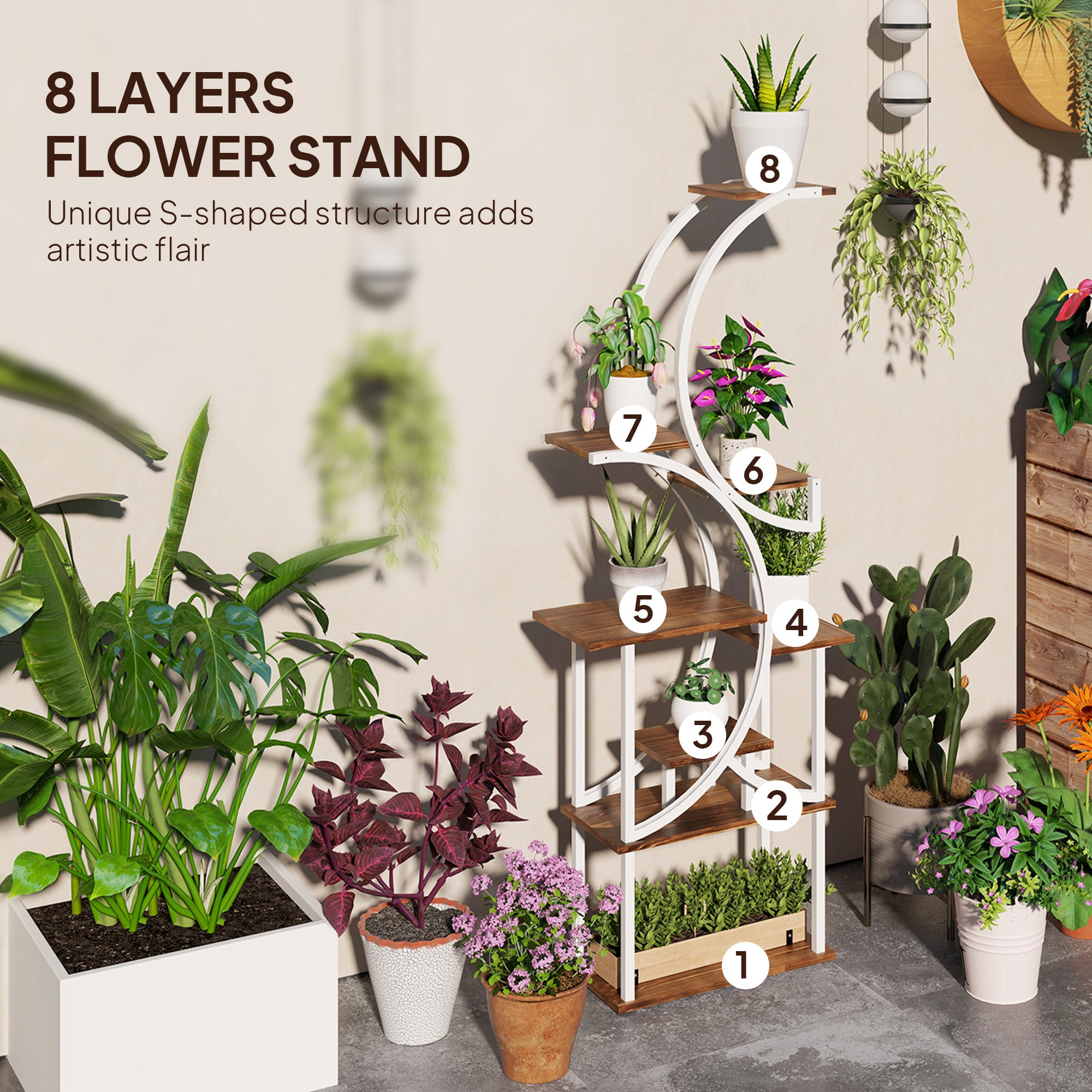 Plant Stand Indoor, 8 Tier 62" S-Shaped Plant Shelf, Corner Plant Rack for Multiple Plants, Carbonised Finish