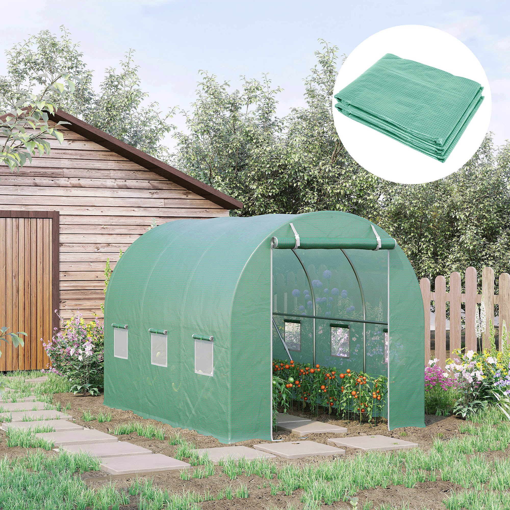 9.8' x 6.6' x 6.6' Plastic Greenhouse Cover Replacement, Heavy Duty Waterproof Tarp for Hoop House, Sheeting with 6 Windows, Door & Reinforcement Grid, Green
