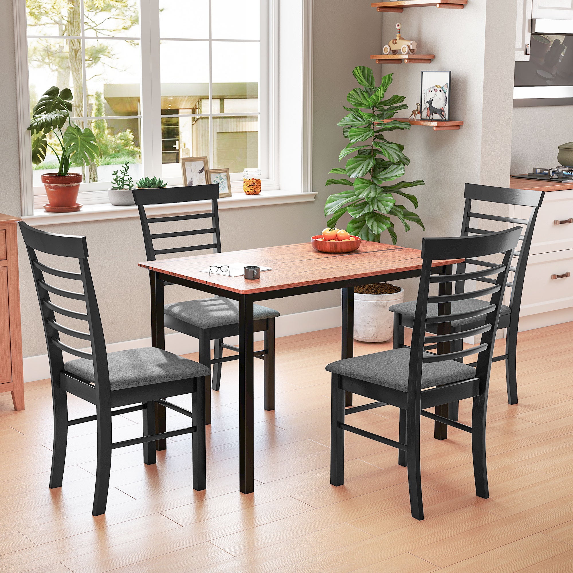 Wooden Dining Chairs Set of 2, Farmhouse Upholstered Kitchen Chairs with Rubber Wood Frame, Black and Gray