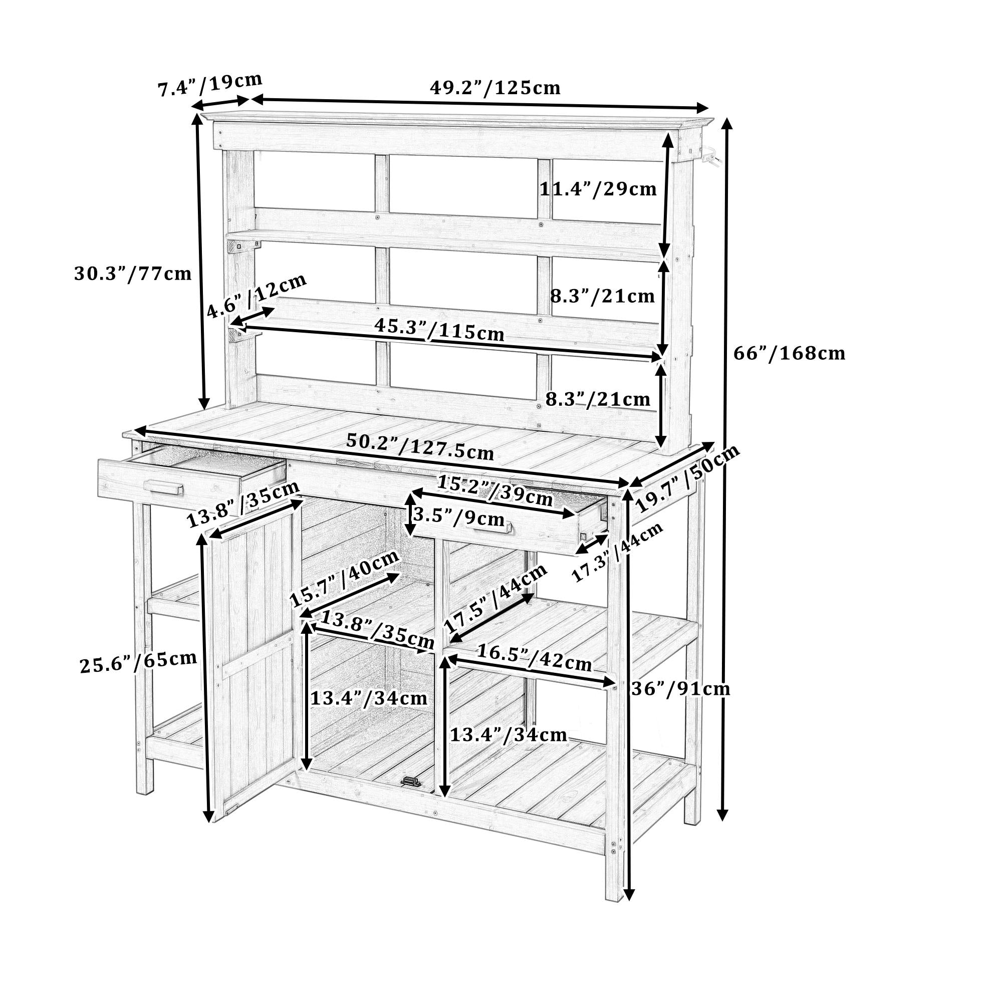 Outdoor Potting Bench with 2 Drawers, Cabinet & Open Shelf, Farmhouse Garden Workstation for Backyard, 50'' L x 19.5'' W x 66'' H, Gray