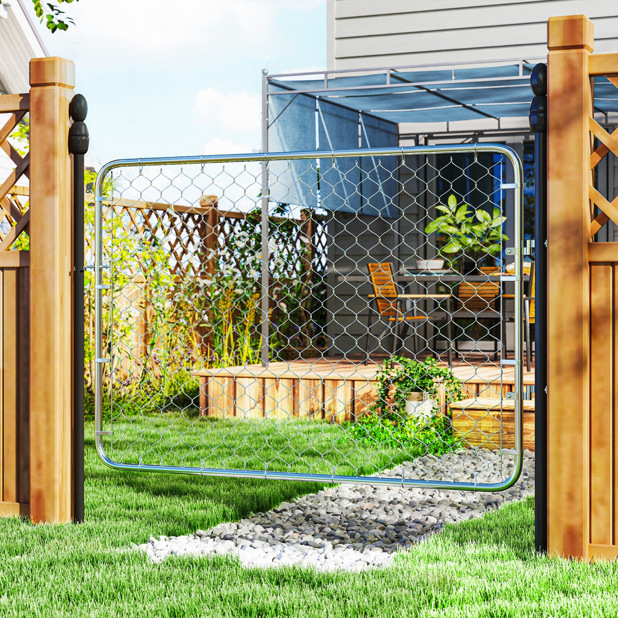 Garden Gate Chain Link Fence Gate, Galvanized Steel Garden Door for Yard Entrance Way, 47.2 x 70.9 in., Silver