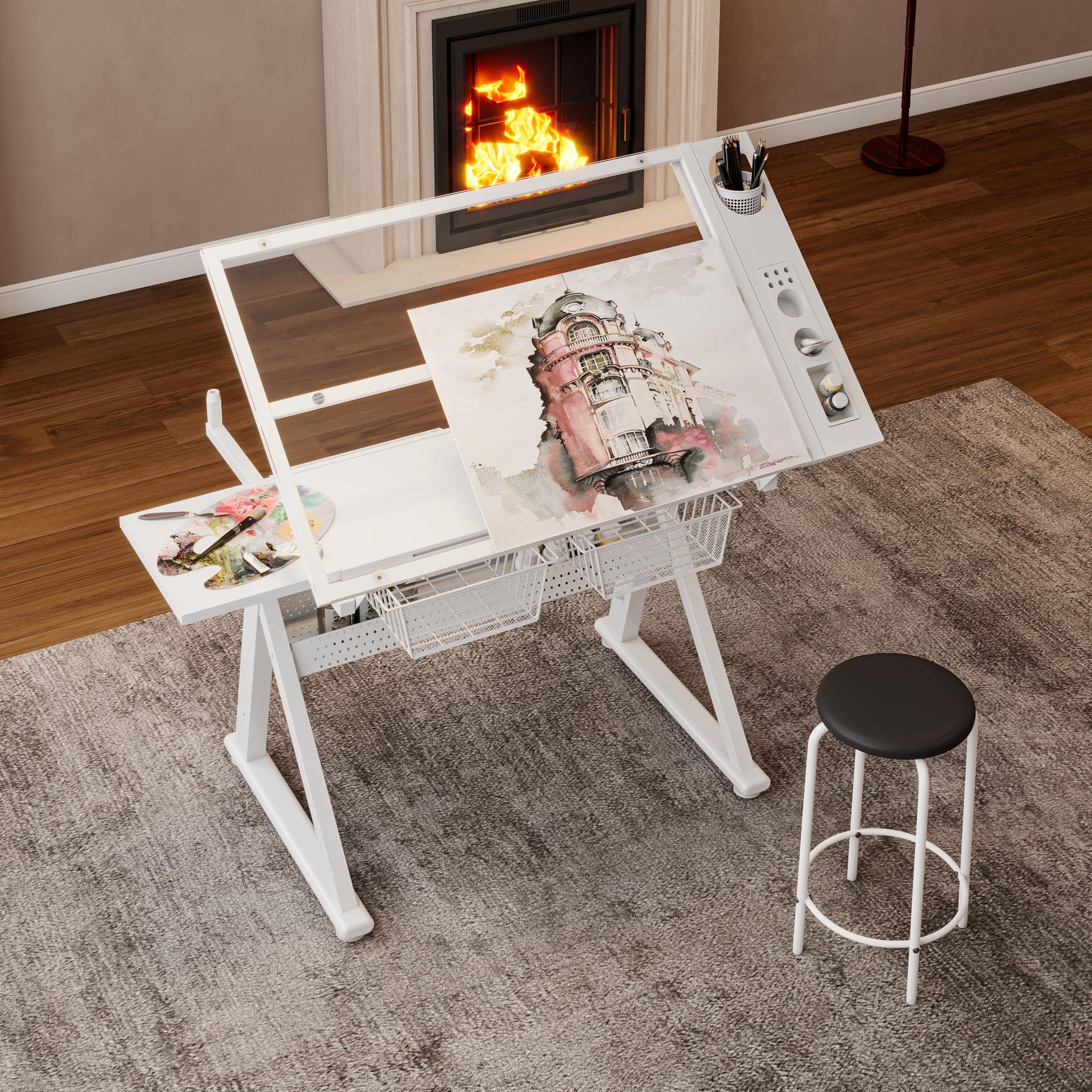 Hand-Crank Adjustable Drafting Table with 2 Large Metal Drawers, Drawing Desk with Tempered Glass Top, 40" L x 23.5" W x 29.5" H, White