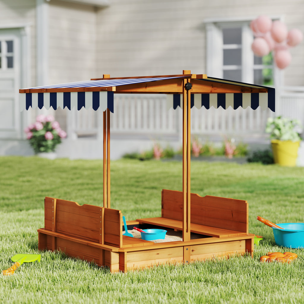 Wooden Kids Sandbox with Cover, Children Outdoor Sand Box with Foldable Bench Seats and Adjustable Canopy, Brown
