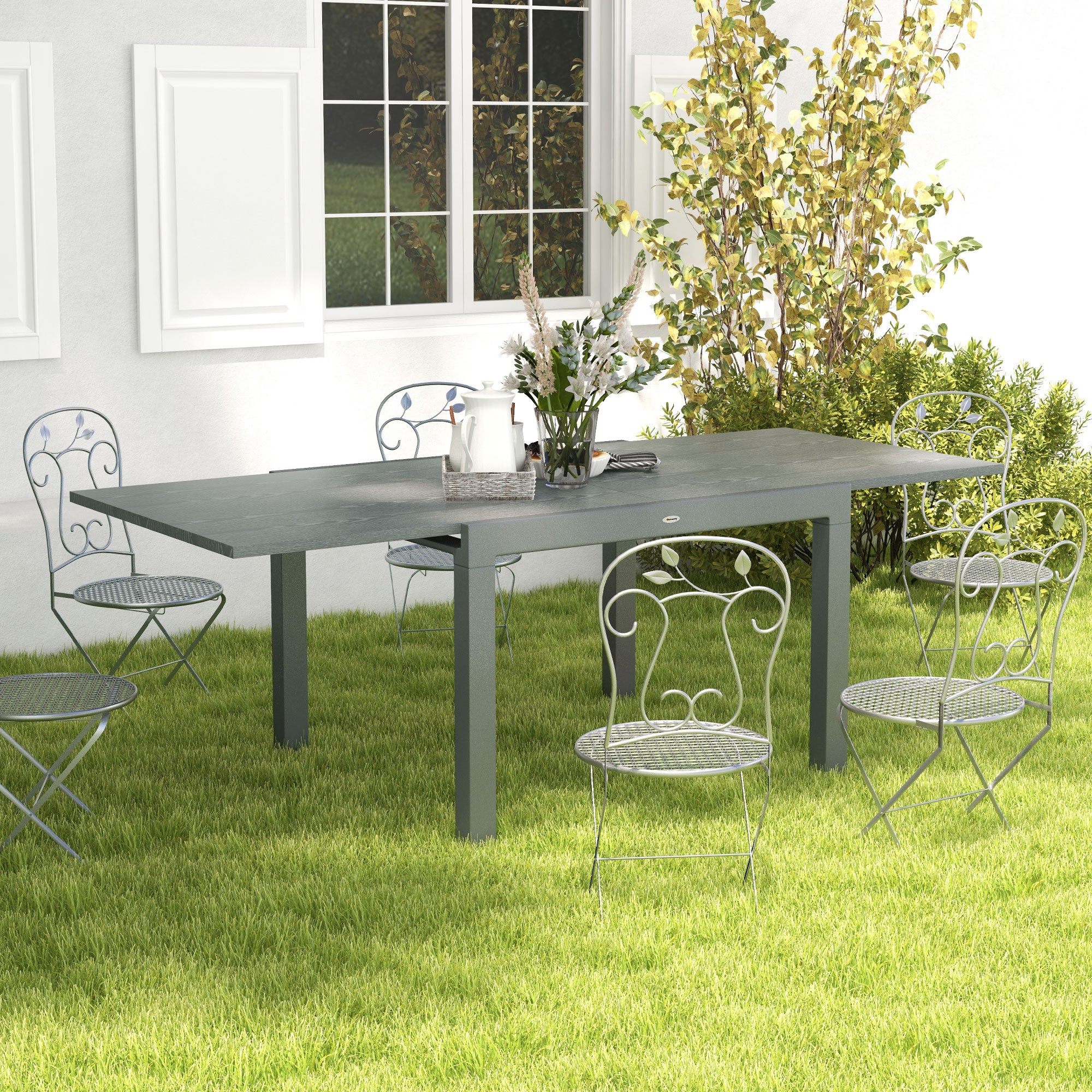 Patio Table for 6-8 People, Aluminum Frame Rectangle Garden Table with Wood Effect Steel Top, for Backyard, Dark Gray