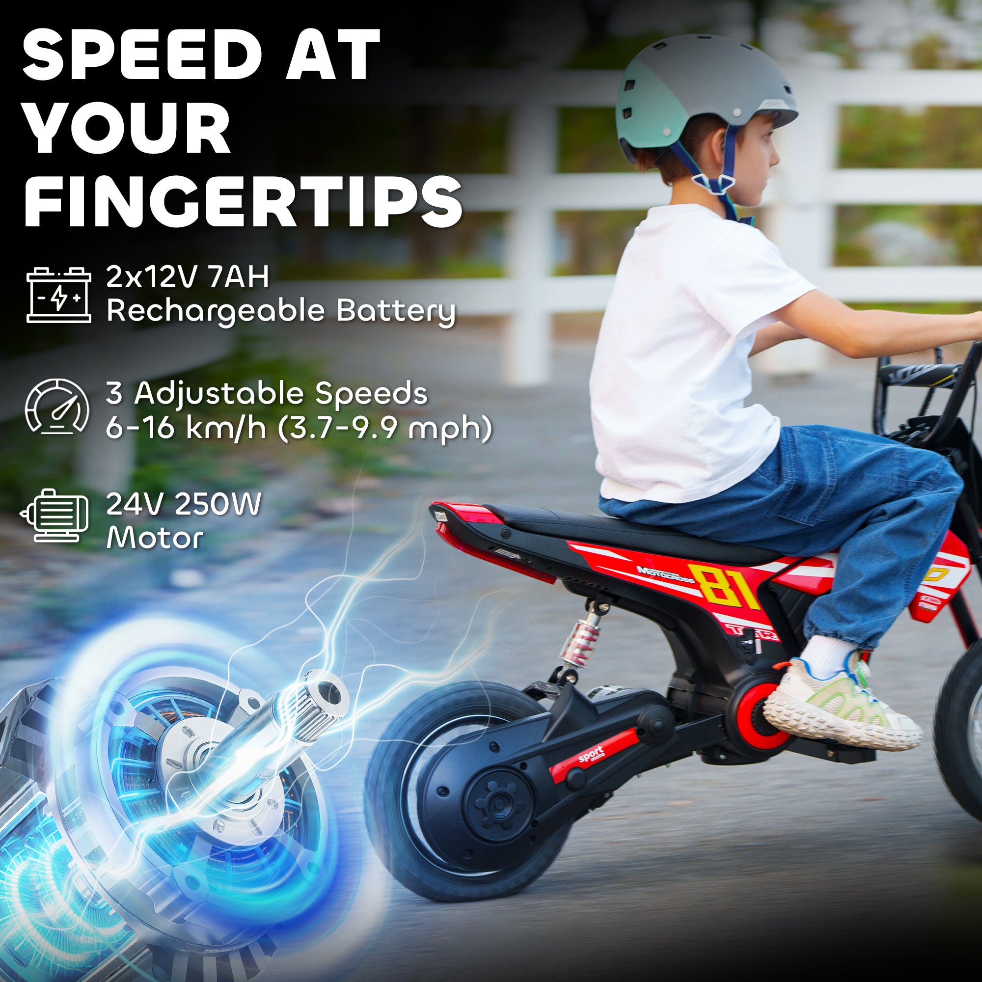 24V Kids Motorcycle, Electric Dirt Bike with 250W Motor, Up to 9.9 MPH, 12" Inflatable Tires and Rear Suspension, Red
