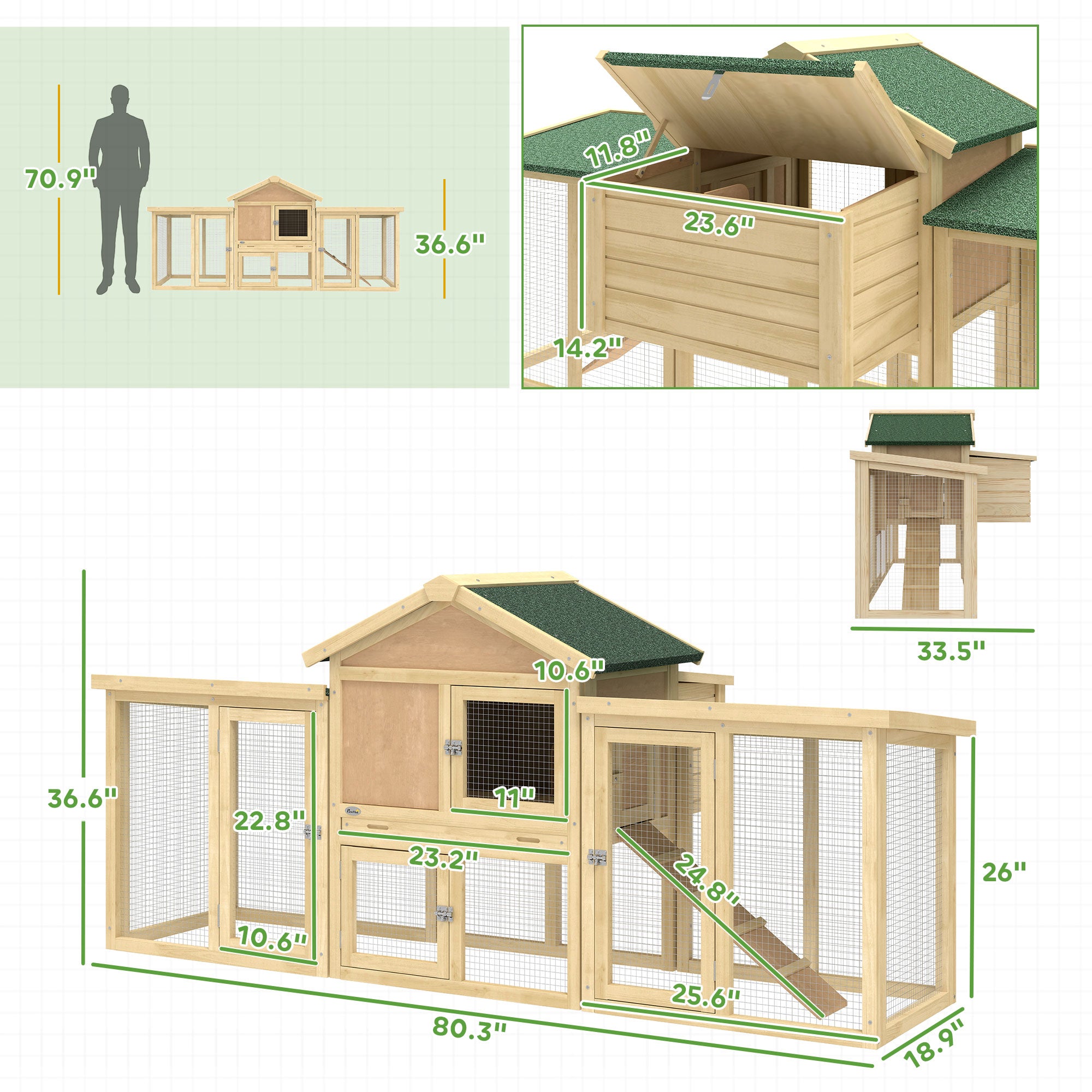 Wooden Chicken Coop ith Nesting Box, Double Runs, Removable Tray, Ramp, for Garden Backyard