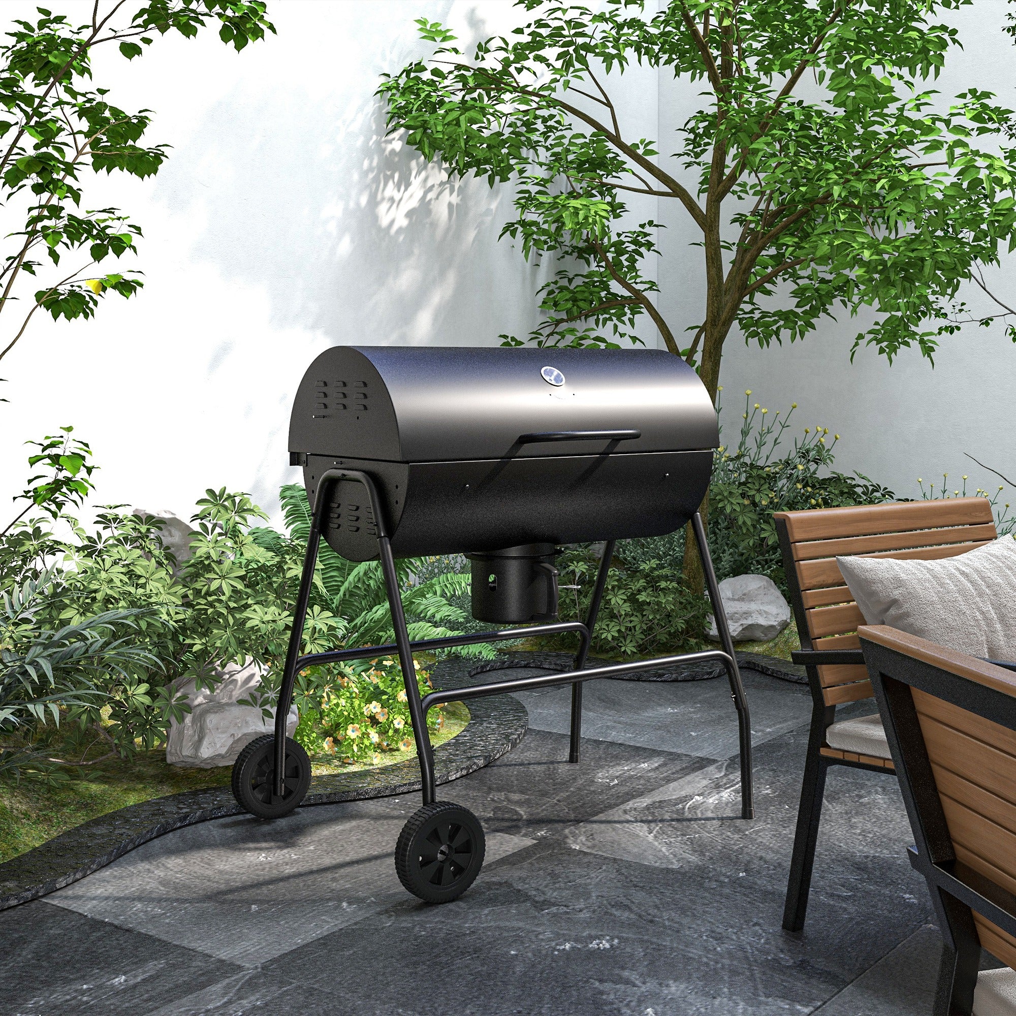 Barrel Charcoal BBQ Grill, Barbecue with 420 sq.in. Cooking Area, Wheels, Ash Catcher, Black