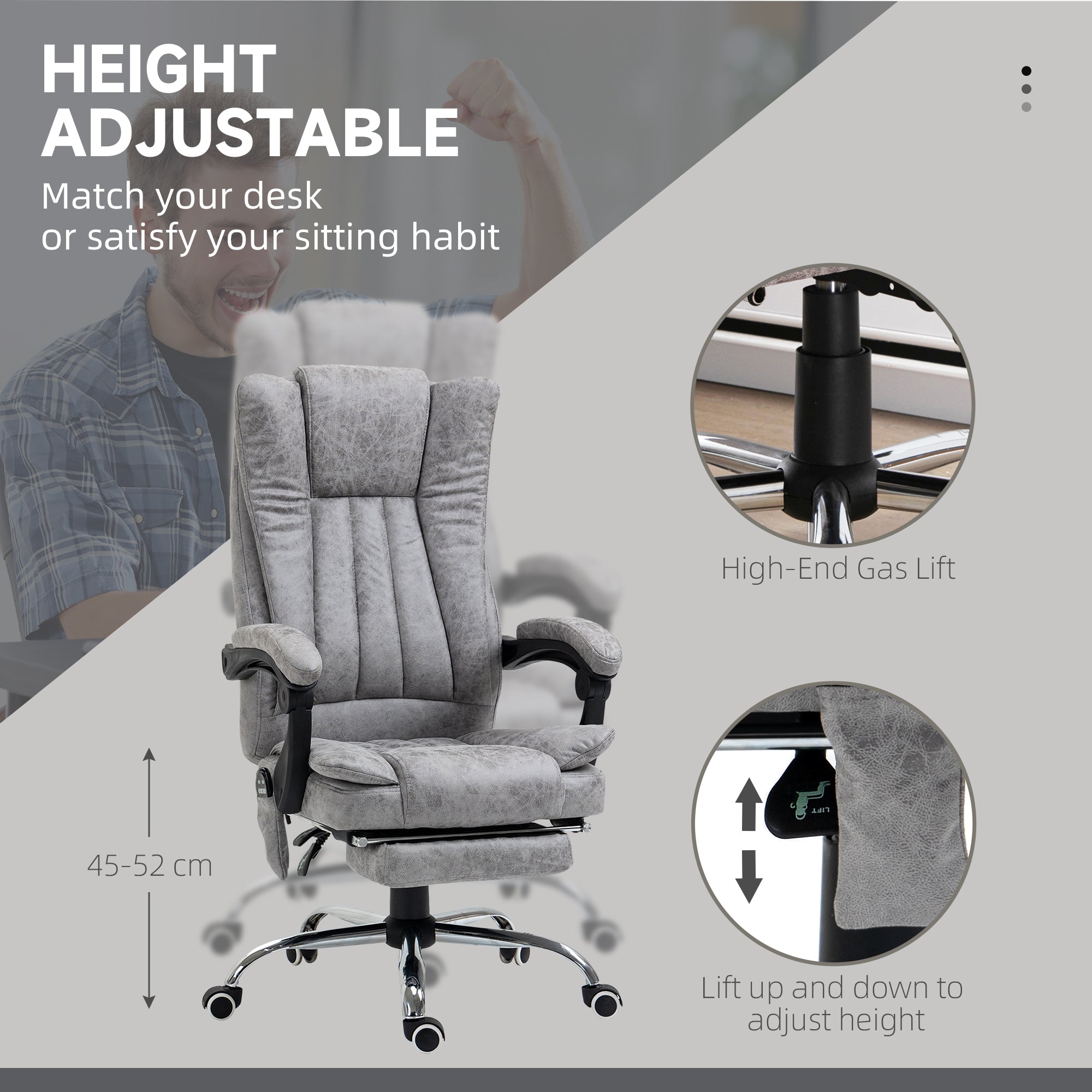 Massage Office Chair with 6 Points and Heat, Reclining Computer Chair with Adjustable Height and Footrest, Gray