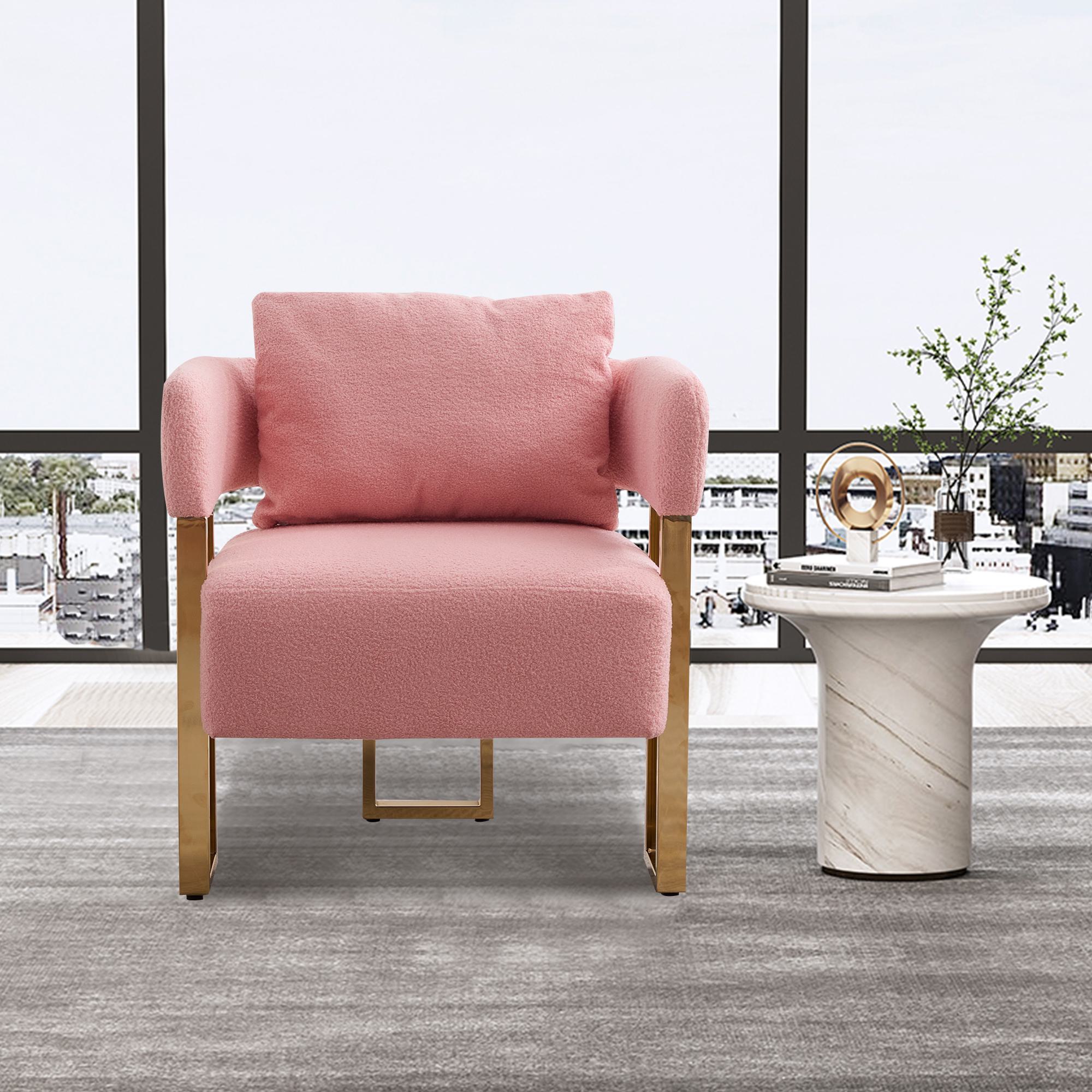 2er-Set Living Room Teddy Fleece Upholstered Side Chair with Gold Metal Legs, Modern Decorative Chair, 26" L x 24.5" W x 27" H, Pink