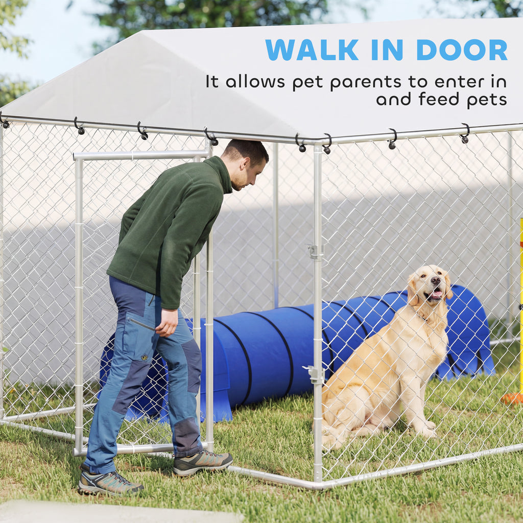 20' x 7.5' x 6.5' Dog Kennel Outdoor for Small Medium Large Dogs with Waterproof Roof, Silver