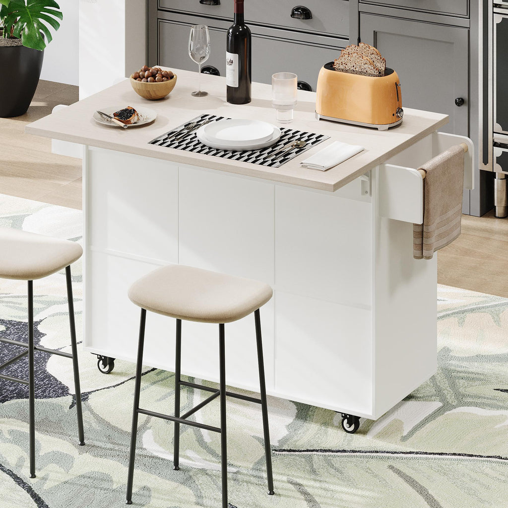 Kitchen Island with Trash Can Storage, Drop Leaf, Spice and Towel Rack, Adjustable Shelf, Utility Cart on Wheels, 51" L x 31.5" W x 35" H, White