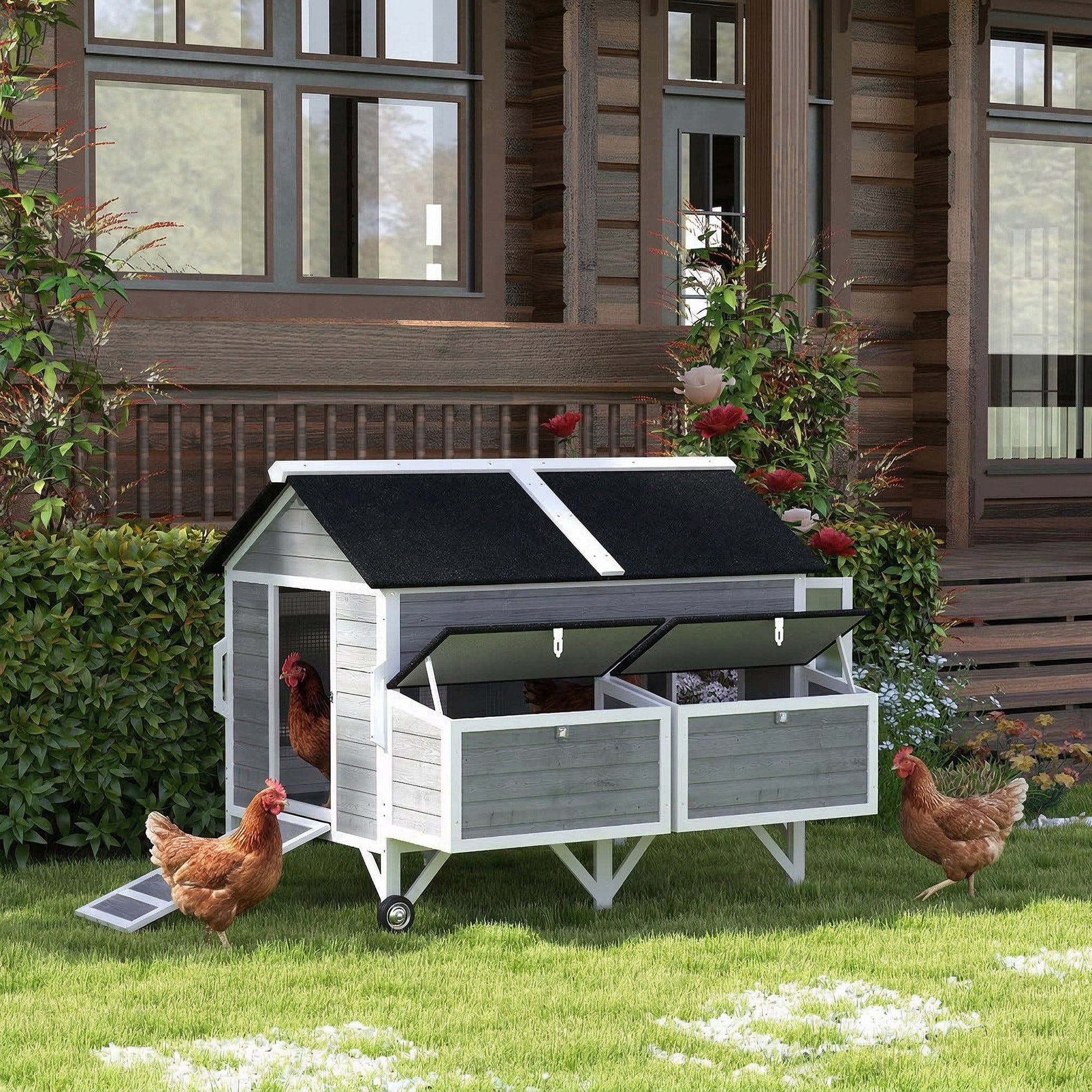 59" Wooden Chicken Coop w/ Wheels, Handles, 2 Nesting Boxes, 2 Trays, 4 Perches, Chicken Tractor for 4-6 Chickens, Gray