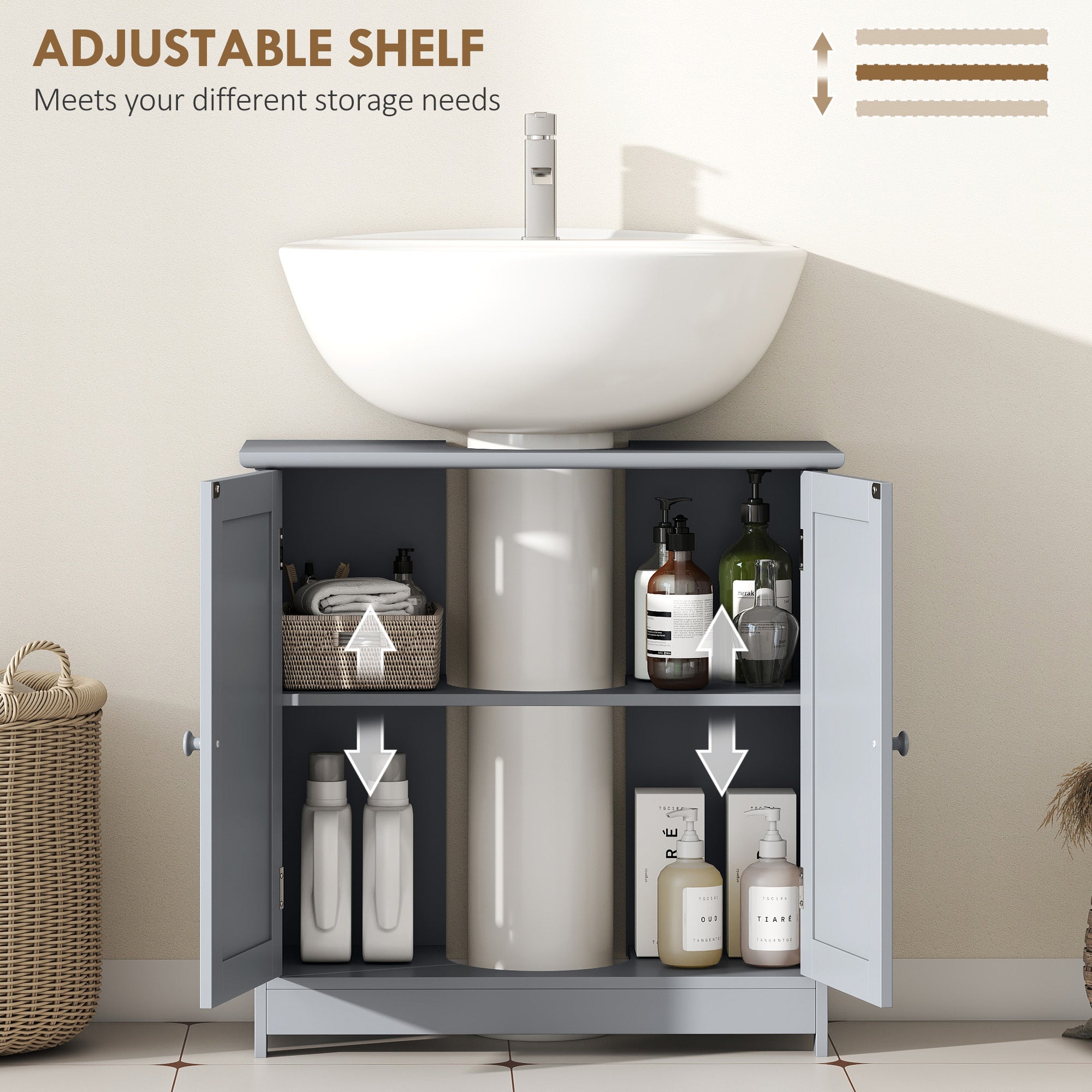 Under Sink Bathroom Cabinet, Pedestal Sink Storage Cabinet with 2 Doors, Shelf and U-Shape, Gray