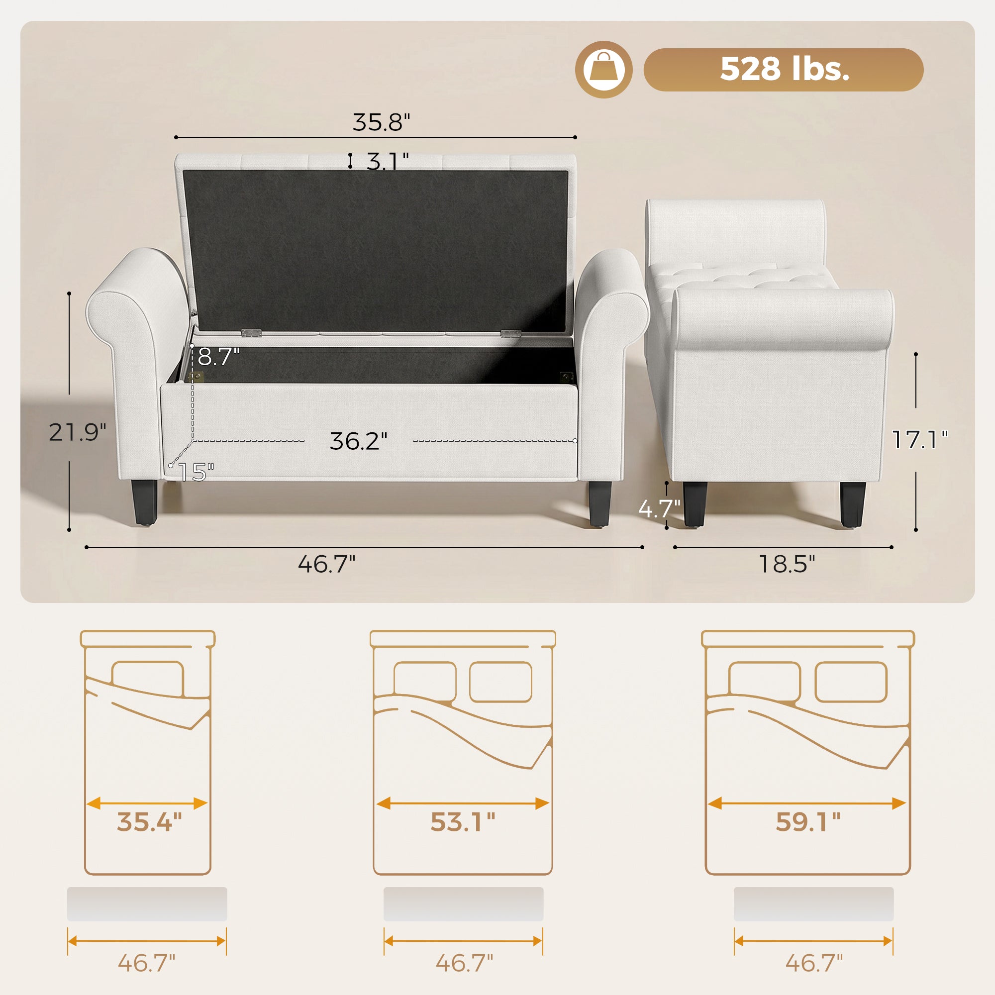 47" Storage Ottoman Bench, Tufted End of Bed Bench with Rolled Arms, Safety Hinge, Wood Legs for Bedroom, Cream White
