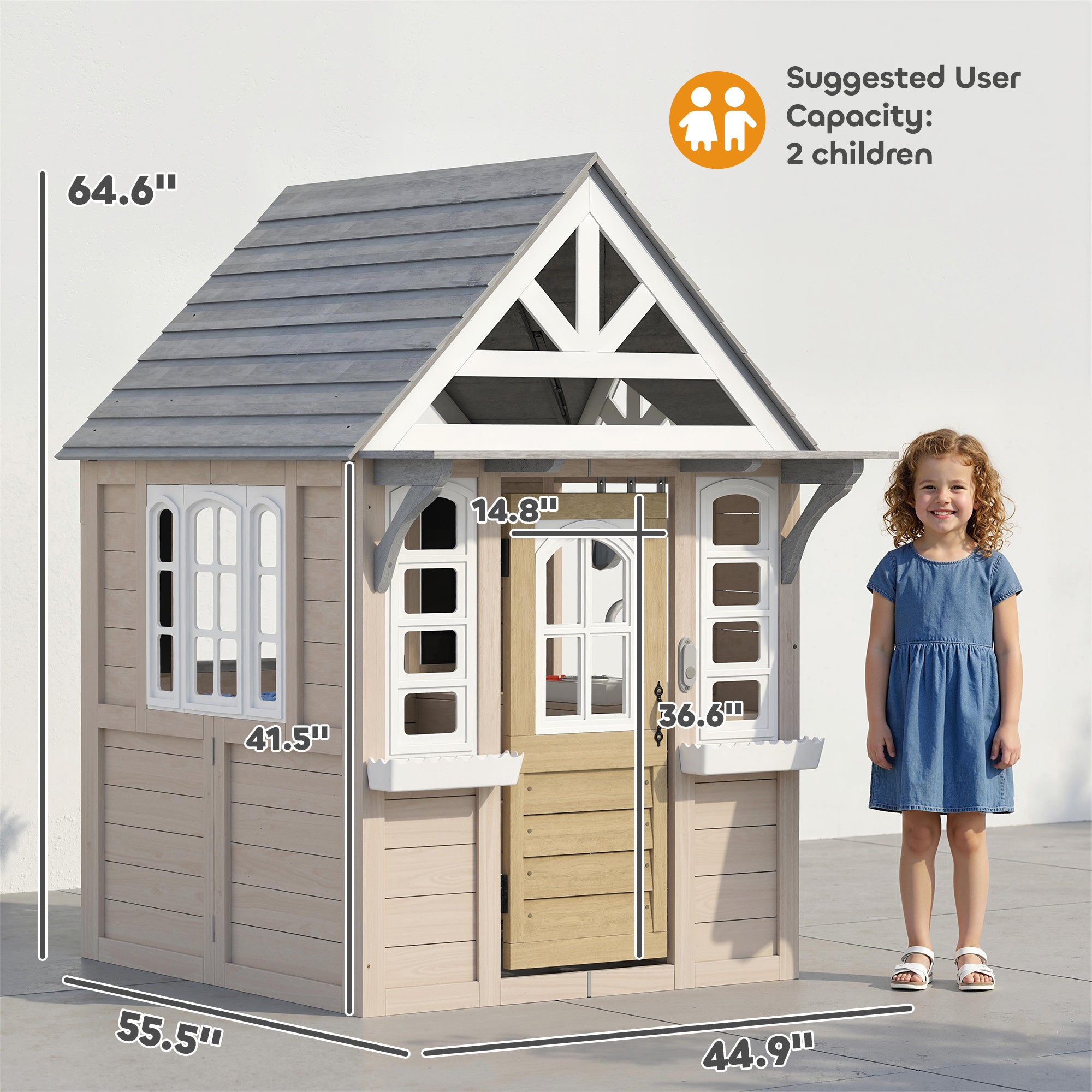 Outdoor Playhouse, Wooden Kids Playhouse with Dog Door, Cookware, Planter Box, Bell, Blackboard, Clock for Backyard